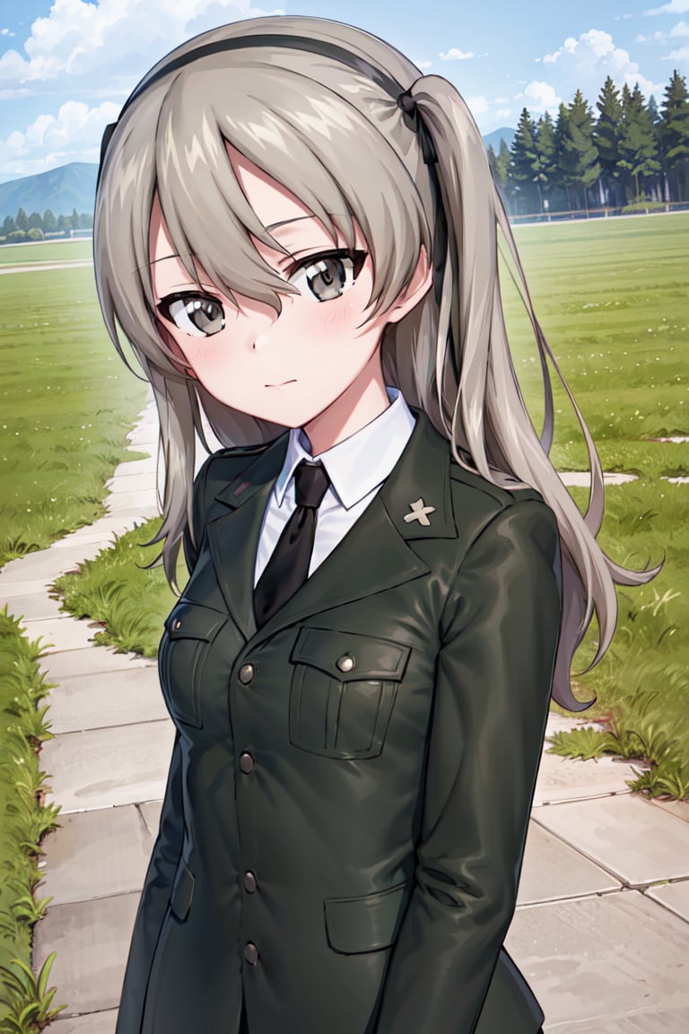 masterpiece, best quality, 1girl, solo, girls und panzer, shimada arisu, hair ribbon, selection university military uniform, black jacket, white shirt, black necktie, expressionless, closed mouth, looking at viewer, green field, blue sky, (portrait) <lora:Shimada Arisu:0.6>