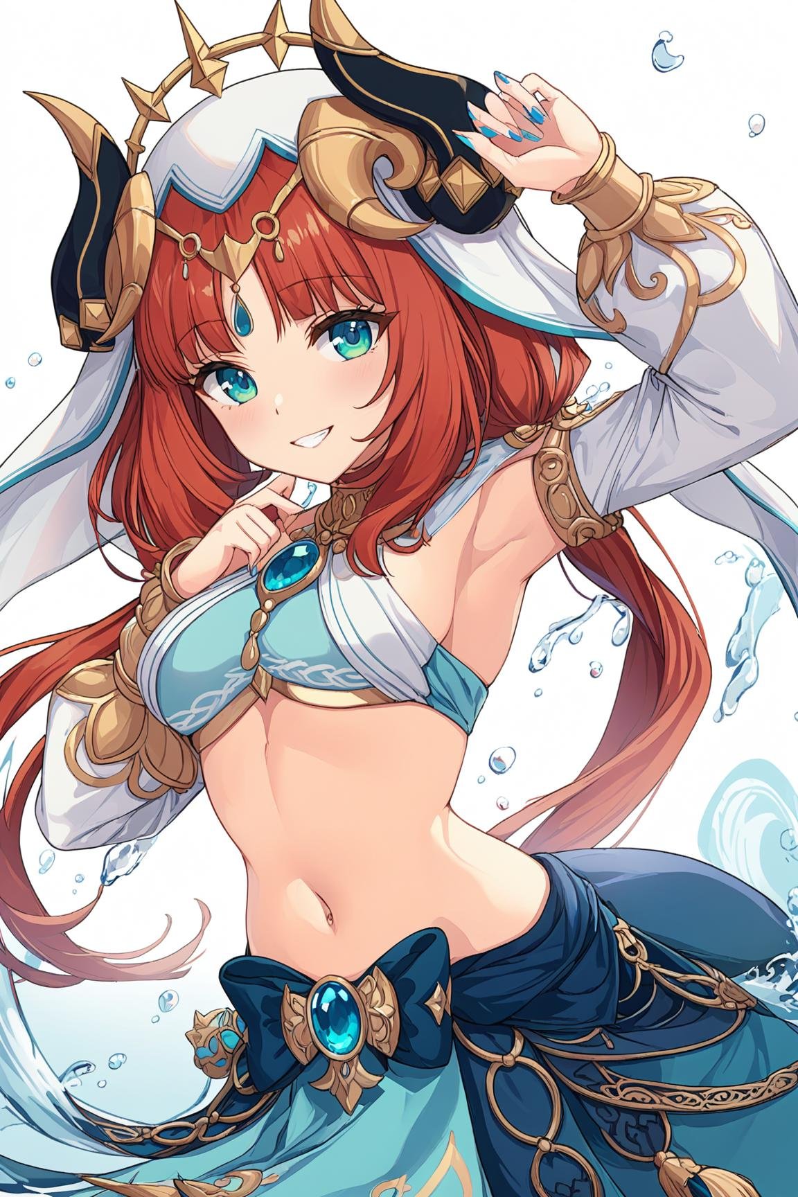 (best quality),((masterpiece)),(highres),original,extremely detailed 8K wallpaper,(an extremely delicate and beautiful),anime,\\,1girl,nilou (genshin impact),solo,smile,horns,veil,red hair,long hair,breasts,navel,looking at viewer,jewelry,long sleeves,skirt,crop top,arm up,bangs,medium breasts,twintails,stomach,harem outfit,puffy long sleeves,grin,puffy sleeves,fake horns,blue eyes,brooch,water,aqua eyes,gold trim,blue nails,blue skirt,parted bangs,low twintails,bracer,white background,<lora:nilou_xl-v3:0.7>,