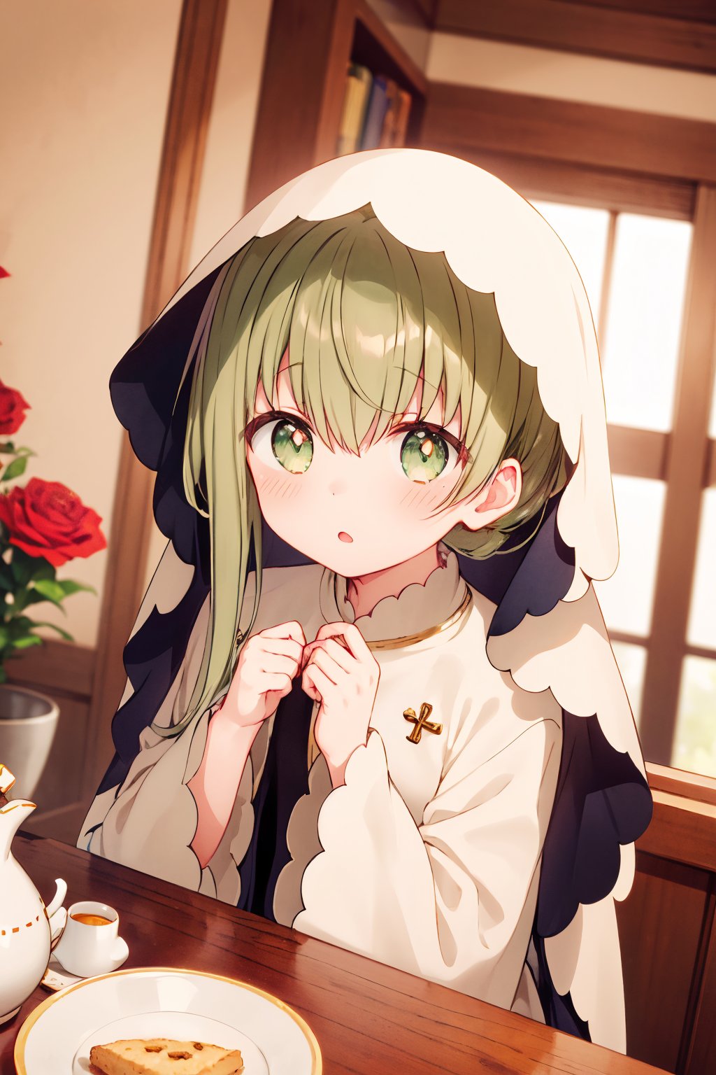 1girl, cecilia \(shiro seijo to kuro bokushi\), official art, green hair, green eyes, solo, blush, food, sparkle, eyebrows visible through hair, long sleeves, wide sleeves, teacup, + +, :o, hands up, looking at viewer, hair between eyes, indoors, teapot, window, depth of field, red flower, blurry background, upper body, veil, sparkling eyes, open mouth,  parted lips, sunlight, very long hair, red rose, vase, clenched hands, symbol-shaped pupils, white dress, short hair with long locks, dutch angle, asymmetrical hair, saucer, curtains, scone, white flower, plant, day, tea, robe, plate, star \(symbol\), potted plant <lora:cecilia_shiro_seijo_locon_v1:0.9>