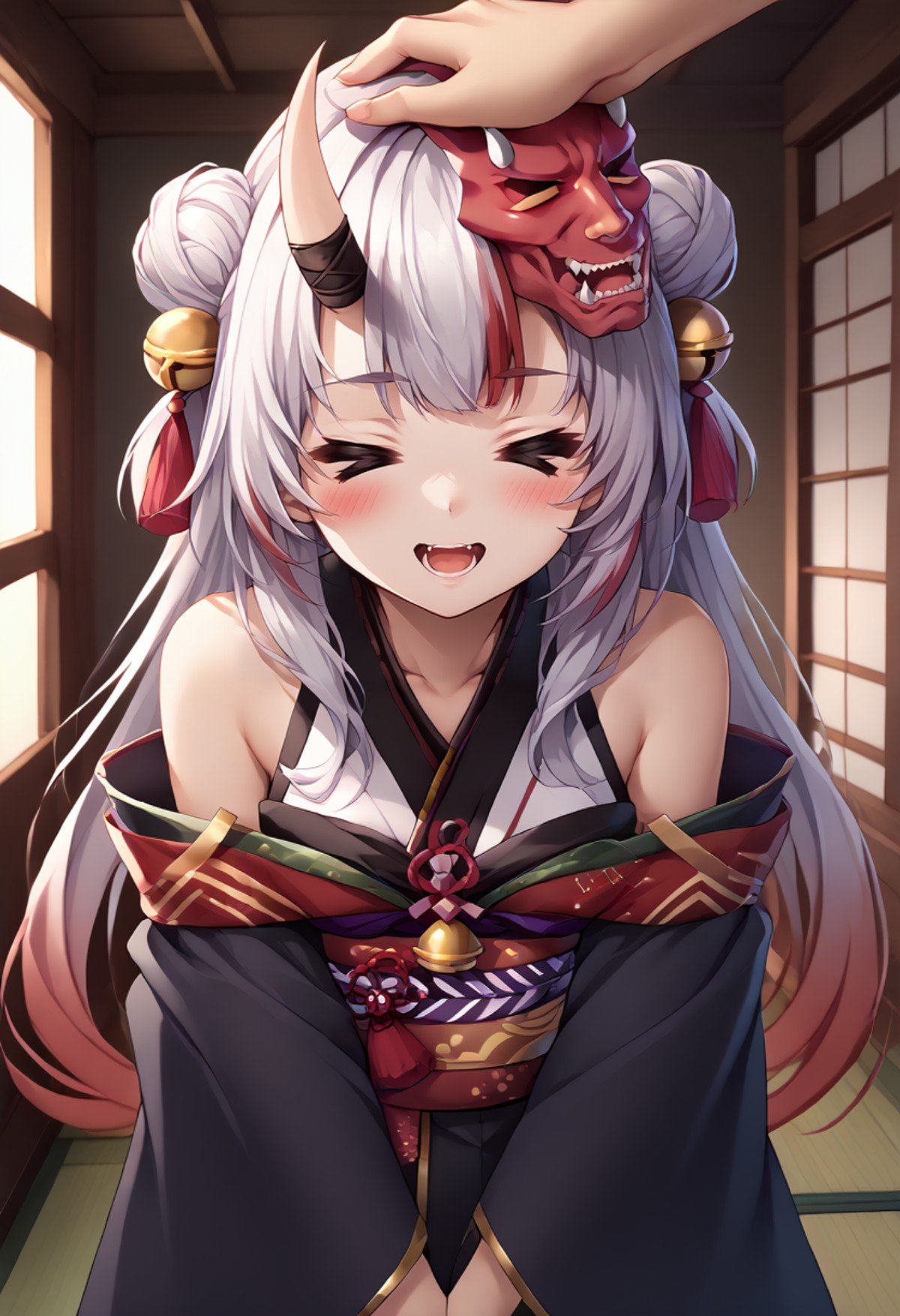 score_9, score_8_up, score_7_up, source_anime, 1girl, headpat, pov hands, <lora:Headpat_XLPD:1>, cowboy shot, <lora:NakiriAyamePDXL:0.8>, AyameBase, oni horns, long hair, double bun, black kimono, short kimono, hair bell, obi, shimenawa, bare shoulders, long sleeves, oni mask, mask on head, <lora:Excitement_Expression_XLPD:1.4>, > <, closed eyes, happy, open mouth, blush, indoors, 