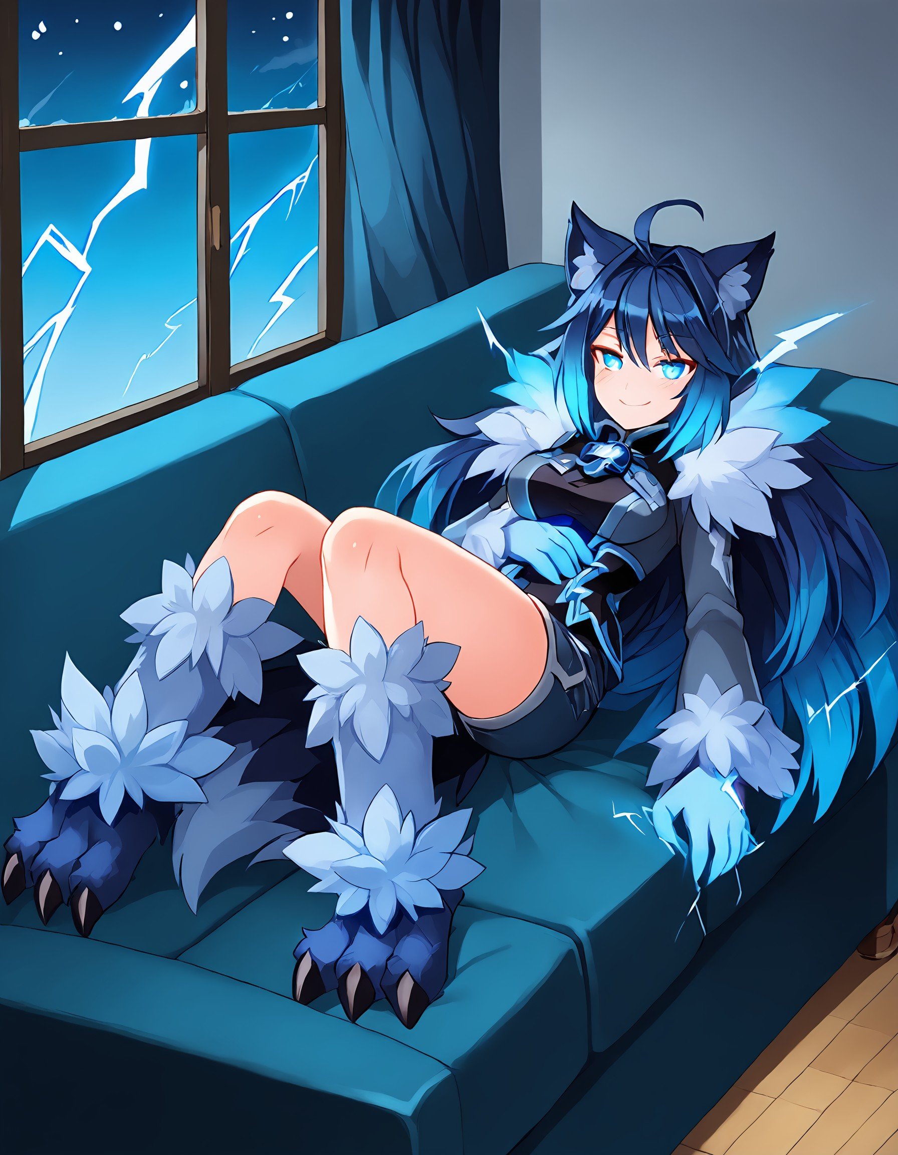 (masterpiece), best quality, expressive blue eyes, perfect face, 1girl, MGE artstyle, raiju, monster girl, animal legs, calfhigh fur, mane, animal ears, lying, on back, couch, (gradient hair), (dark blue to cyan hair), glowing hair, lightning, electricity, fluffy dark blue and grey robe, navy blue bed shorts, smile, glowing eyes, night time, home background, highly detailed, medium breasts, long fluffy hair, modern, <lora:948f36f2-102f-4f57-ba44-2b4859034f0e:1.1>