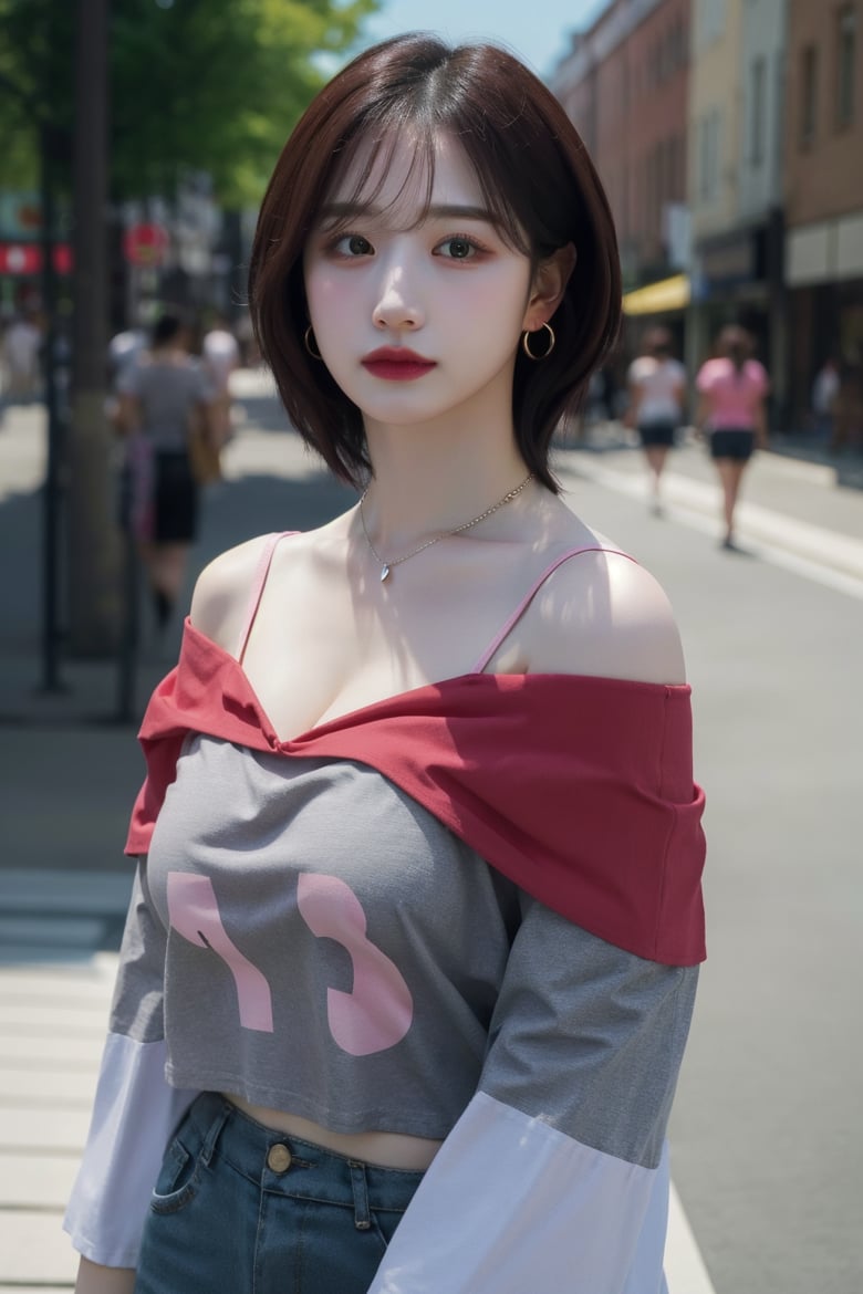 pink t-shirt, love print, short sleeves, off shoulder, necklace, earrings, cleavage, ((upper body)), medium hair, medium breasts, perfect body, at the city street, looking at viewer, natural makeup, absurdres, masterpiece, (realistic), (hyperrealism), (photorealistic), <lora:makina69_haewon_v1.0:1>