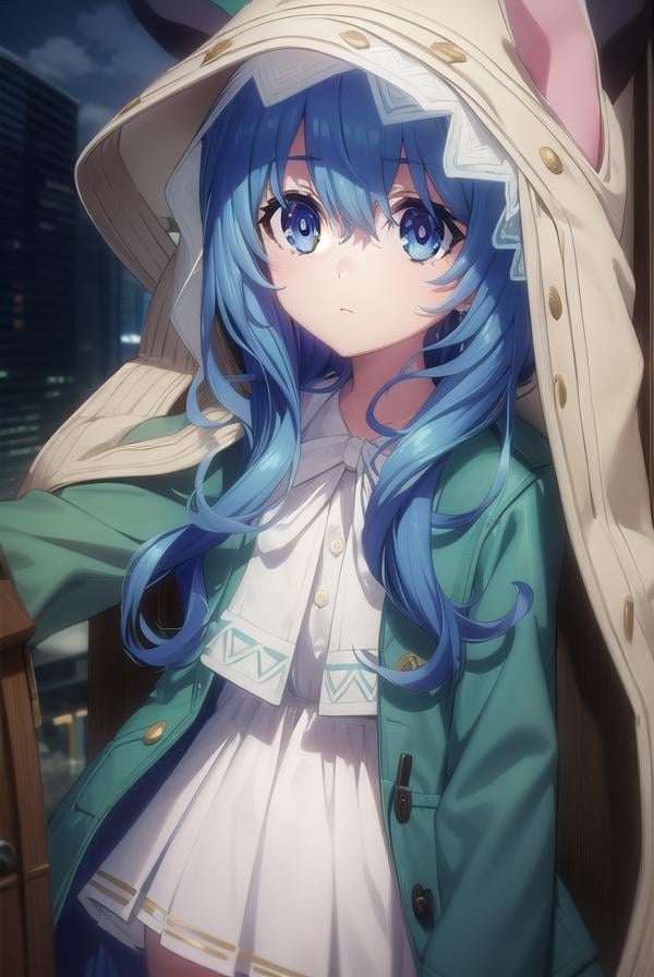 dalyoshino, <lora:dal yoshino s2-lora-nochekaiser:1>,yoshino astral dress, long hair, blue eyes, ribbon, animal ears, hair between eyes, blue hair, hood, rabbit ears, coat, hood up, animal hood, rabbit hood, green coat,BREAK ,BREAK outdoors, city, sky, clouds, buildings, sun,BREAK looking at viewer, (cowboy shot:1.5),BREAK <lyco:GoodHands-beta2:1>, (masterpiece:1.2), best quality, high resolution, unity 8k wallpaper, (illustration:0.8), (beautiful detailed eyes:1.6), extremely detailed face, perfect lighting, extremely detailed CG, (perfect hands, perfect anatomy),