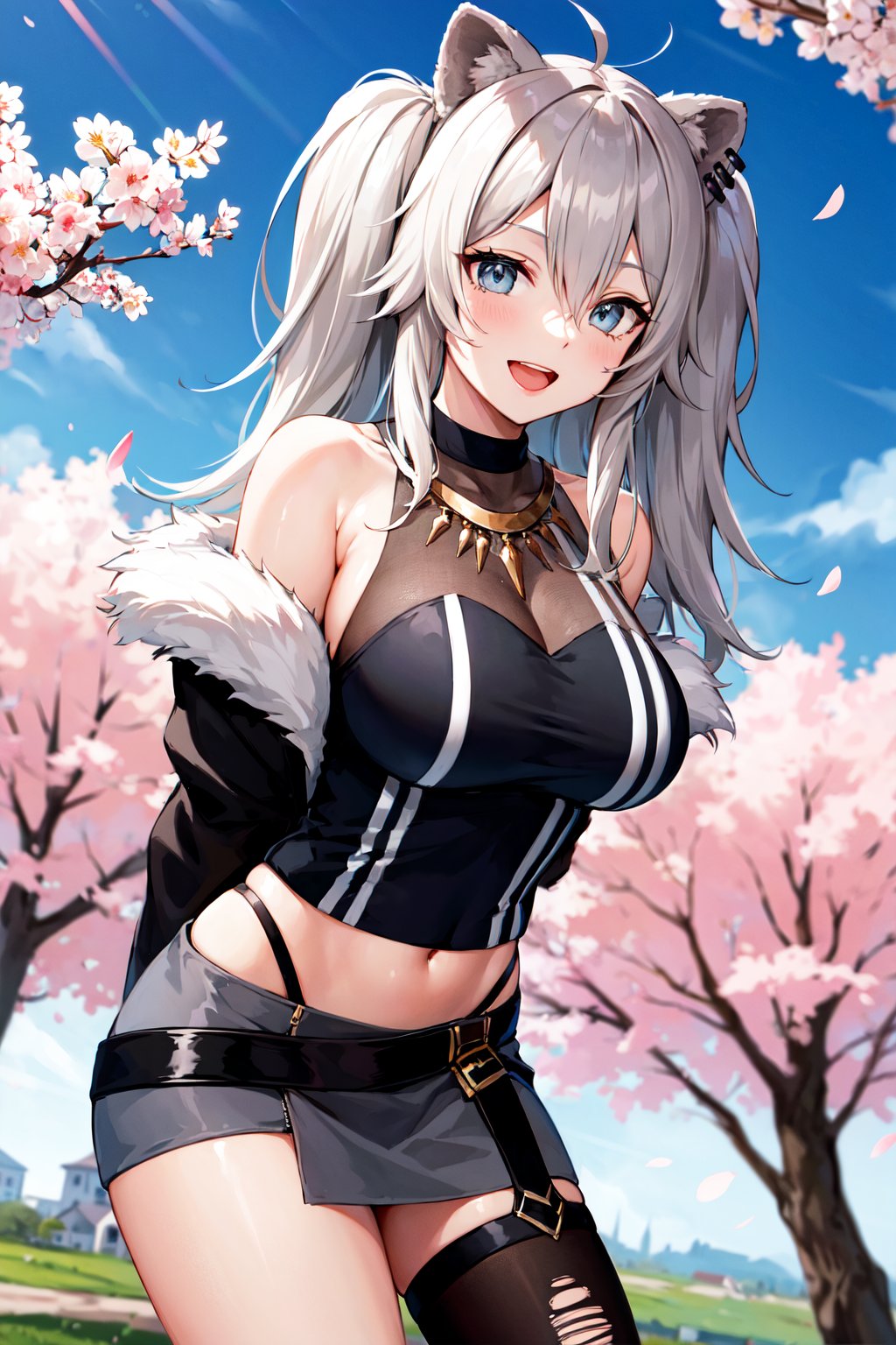 masterpiece, best quality, highres, aabotan, long hair, two side up, ahoge, animal ears, ear piercing, large breasts, necklace, off shoulder, black shirt, sleeveless, fur-trimmed jacket, black jacket, sleeves past wrists, midriff, grey skirt, single leg pantyhose, torn pantyhose, <lora:shishiro_botan_v1:0.7>, arms behind back, leaning forward, smile, open mouth, cherry blossoms, outdoors,