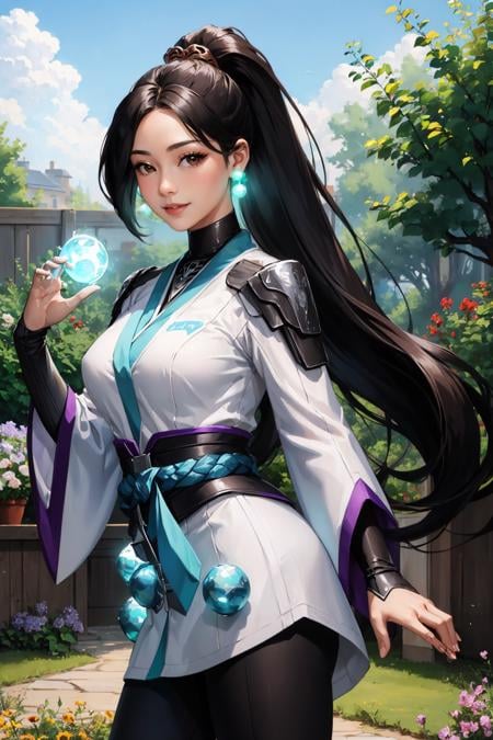 masterpiece, best quality, 1girl,  <lora:valorantsage-nvwls-v1-000009:0.9> valorantSage, ponytail, earrings, white robes, bridal gauntlets, sash, black pants, large breasts, garden, blue sky, smile, looking at viewer, cowboy shot, holding a glowing orb