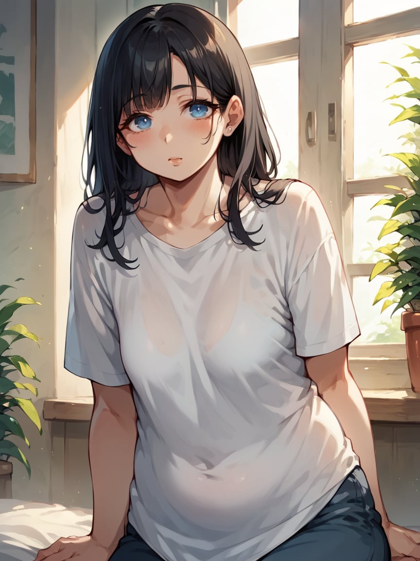 score_9, score_8_up, score_7_up, score_6_up, long black hair, blue eyes, 1girl, small saggy breasts, m1lfm3t3r, plump, shirt <lora:m1lfm3t3rXLP:0.7>