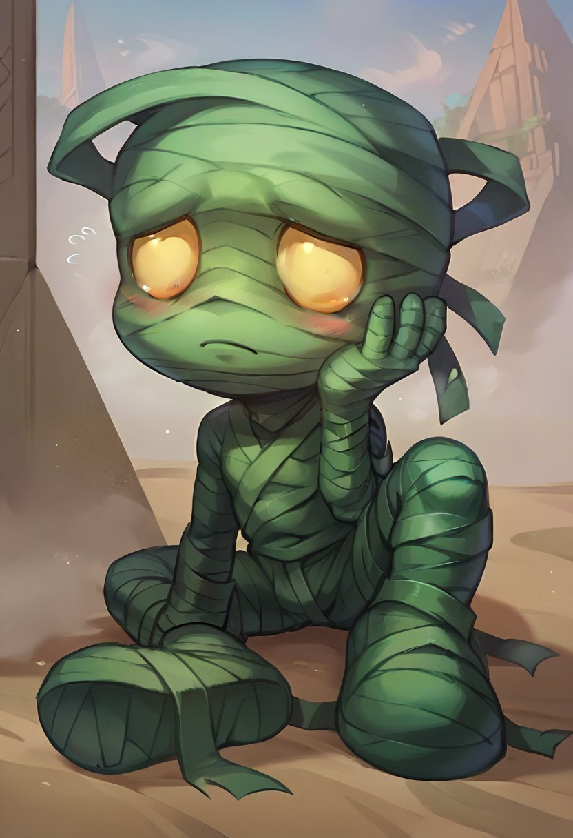 score_9, score_8_up, score_7_up, score_6_up, 4mumu, mummy, 1boy, male focus, yellow eyes, bandages, full body, <lora:Amumu_Default_v1:0.8>, blush, solo, looking at viewer