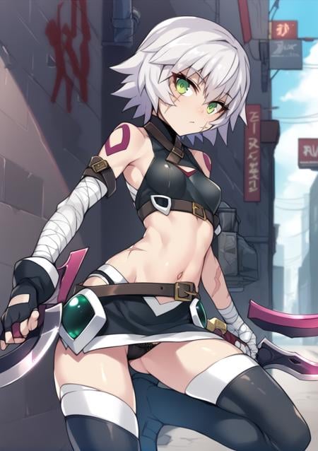 fate/grand order, fate (series), jack the ripper (fate/apocrypha), 1girl, arm belt, bandaged arm, bandages, bare shoulders, belt, belt buckle, black footwear, black gloves, black panties, black shirt, breasts, brown belt, buckle, crop top, dagger, fingerless gloves, gloves, green eyes, grey hair, holding, holding dagger, holding knife, holding weapon, knife, looking at viewer, navel, panties, scar, scar across eye, scar on cheek, scar on face, shirt, short hair, shoulder tattoo, single fingerless glove, single glove, sleeveless, sleeveless shirt, small breasts, solo, stomach, tattoo, thighhighs, underwear, weapon, outdoors, alley, city, science fiction, <lora:Ban AP:1>, score_9, score_8_up, score_7_up, score_6_up, score_5_up, score_4_up, BREAK source_anime, masterpiece