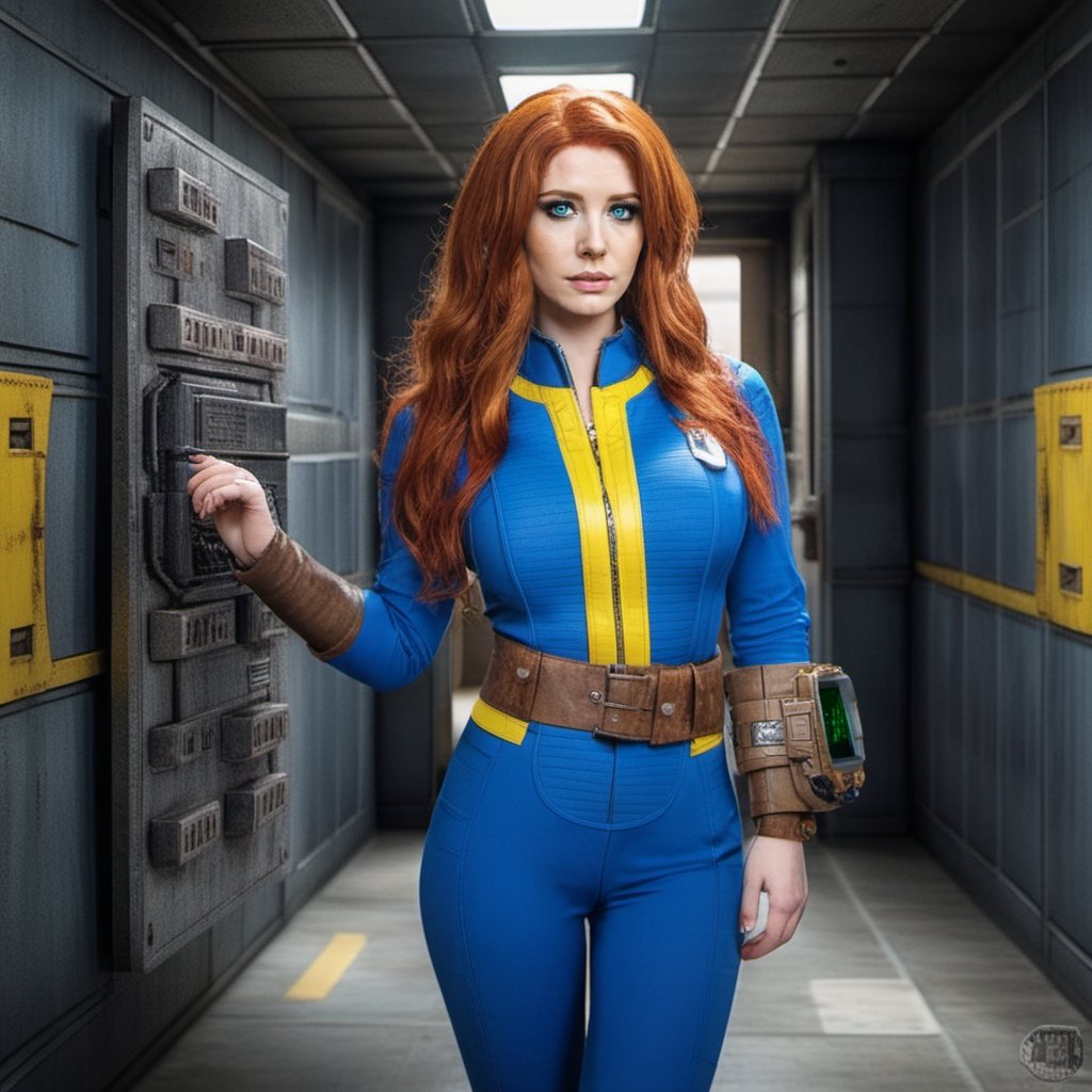 Dystopian style a redhead busty woman wears a blue and yellow outfit, a computer wrist, a belt, in a bunker <lora:Fallout-V2-1024-120:0.8> . Bleak, post-apocalyptic, somber, dramatic, highly detailed