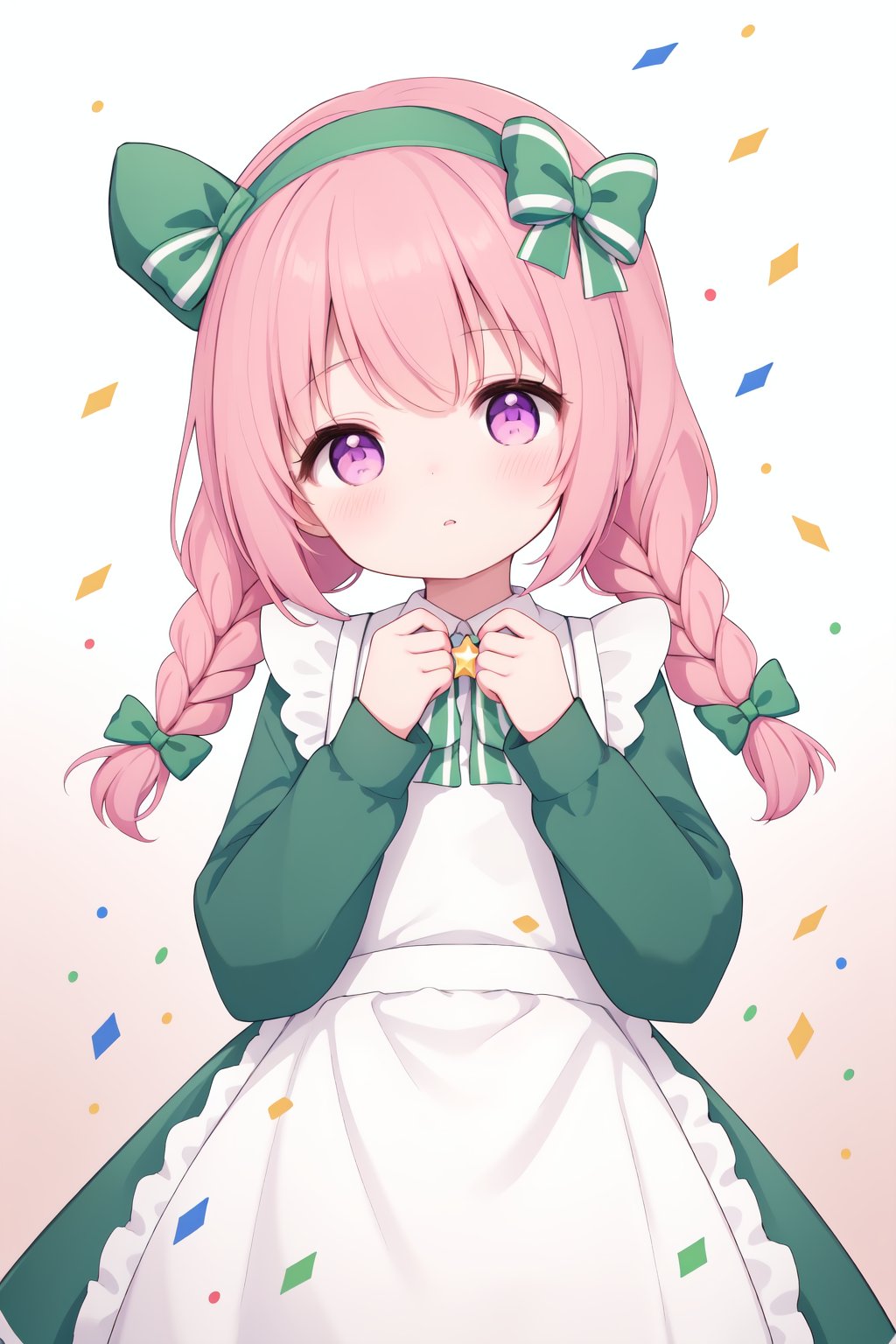 1girl, solo, long sleeves, green dress, pink hair, party hat, blush, green hairband, twin braids, hairband, brown background, parted bangs, hands up, bangs, gradient background, looking at viewer, striped bow, white background, purple eyes, gradient, closed mouth, white bow, white apron, juliet sleeves, sleeveless, parted lips, puffy long sleeves, confetti, green bow, star \(symbol\)