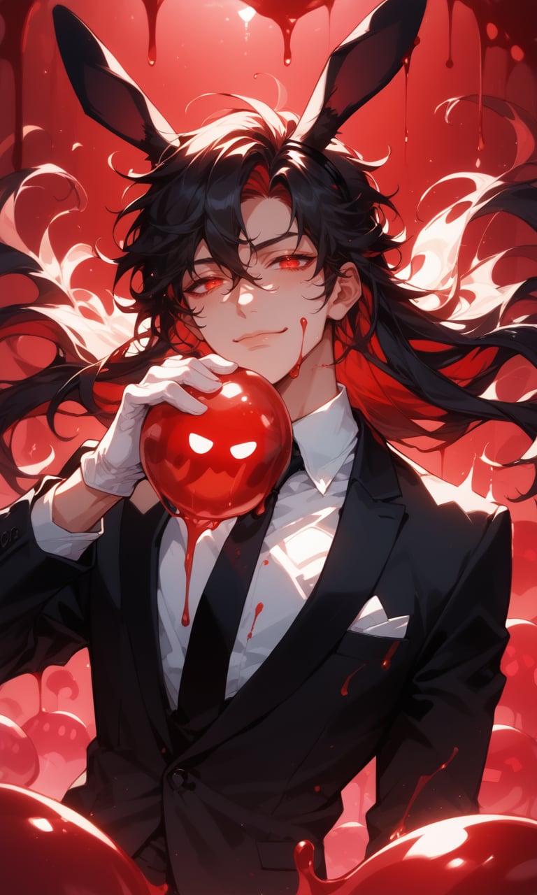 (score_9, score_8_up), score_7_up, 1boy, closed mouth, black hair, squish, yandere, black hair, rabbit ears, half open eyes, seductive, black suit,  neon colors, holding slime ball, bright colored liquid, splatter everywhere, whoops,  deranged, shirtless, black neck tie, white gloves, glowing eyes, chaotic, long hair, floating hair, slime, red slime, spicy, red theme