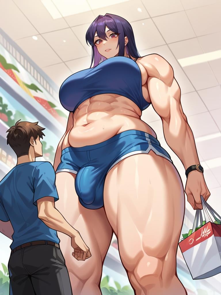 Score_9, score_8_up, score_7_up, score_6_up,  source_anime, shopping mall background, low angle, from below, 1girl, 1boy, duo, larger_female, smaller_male, size_difference, standing, looking down, BREAK, chubby muscular female, futanari, penis  bulge, BREAK,  <lora:Larger_Female:0.5>