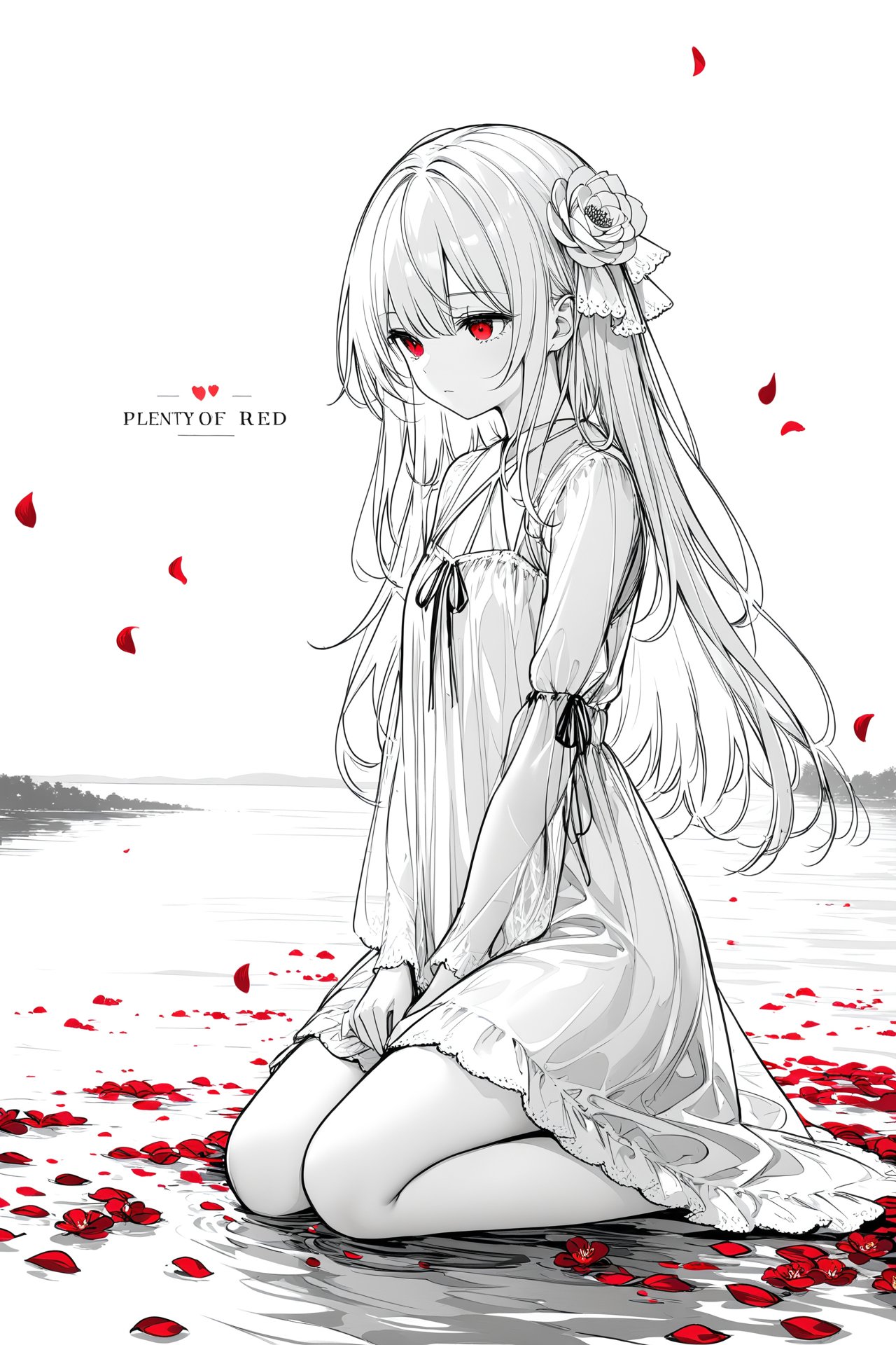 (masterpiece),(best quality),illustration,ultra detailed,hdr,Depth of field,(colorful),1girl,red eyes,white long translucent night gown,expressionless,(white hair),hair cover one eye,long hair,red hair flower,kneeling on lake,blood,(plenty of red petals:1.35),(white background:1.5),(English text),greyscale,monochrome,greyscale,monochrome,sketch,