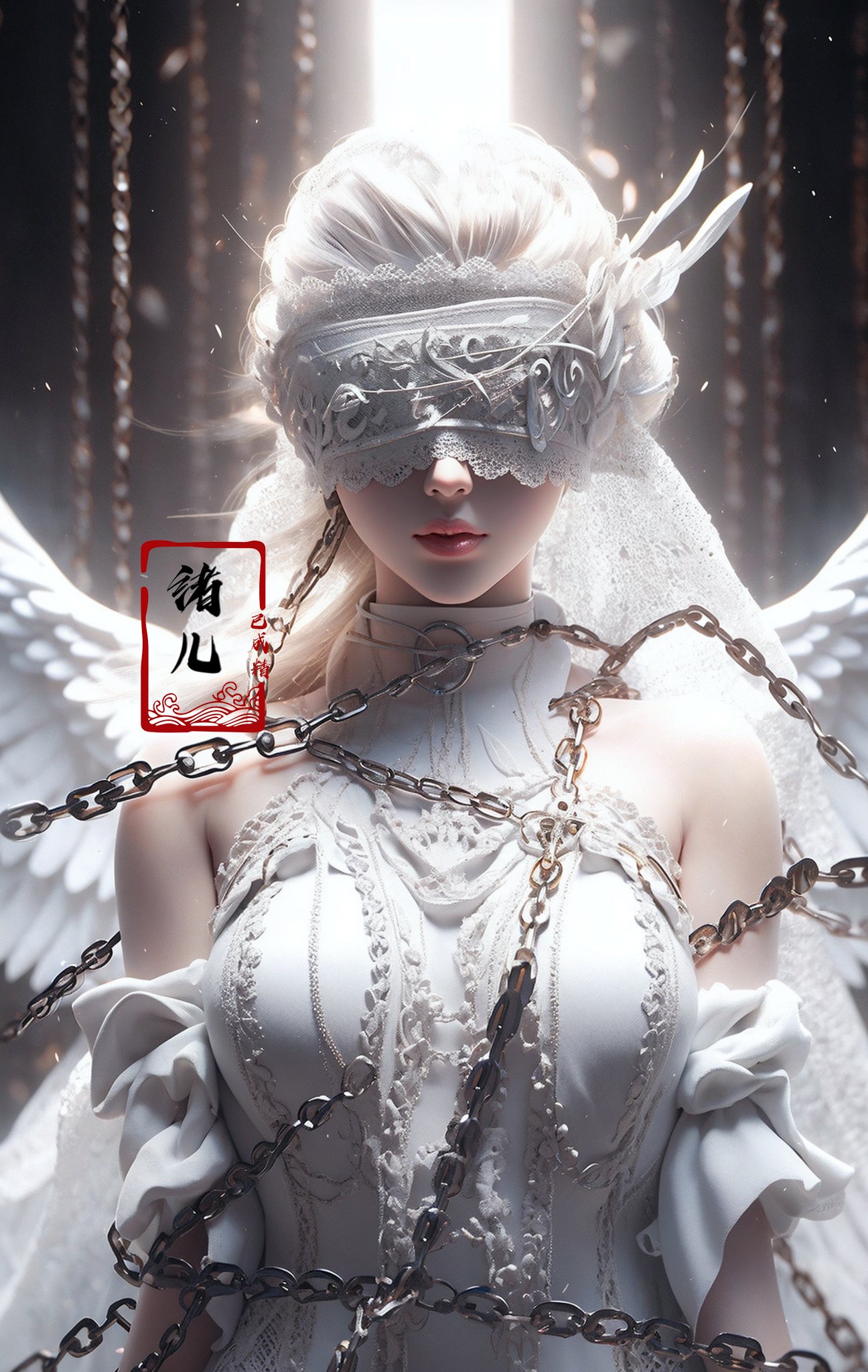 Epic CG masterpiece, a woman dressed in an angelic outfit in chains, delicate face, hdr,dtm, full ha,8K, ultra detailed graphic tension, dynamic poses, stunning colors, 3D rendering, surrealism, cinematic lighting effects, realism, 00 renderer, super realistic, full - body photos, super vista, super wide Angle, rich details, highest quality, extremely exquisite,Black background，1girl, chain, wings, solo, dress, blindfold, white dress, jewelry, veil, choker, ring, own hands together, angel wings, feathered wings, covered eyes, halo， <lora:绪儿-锁链天使 Angel:0.8>