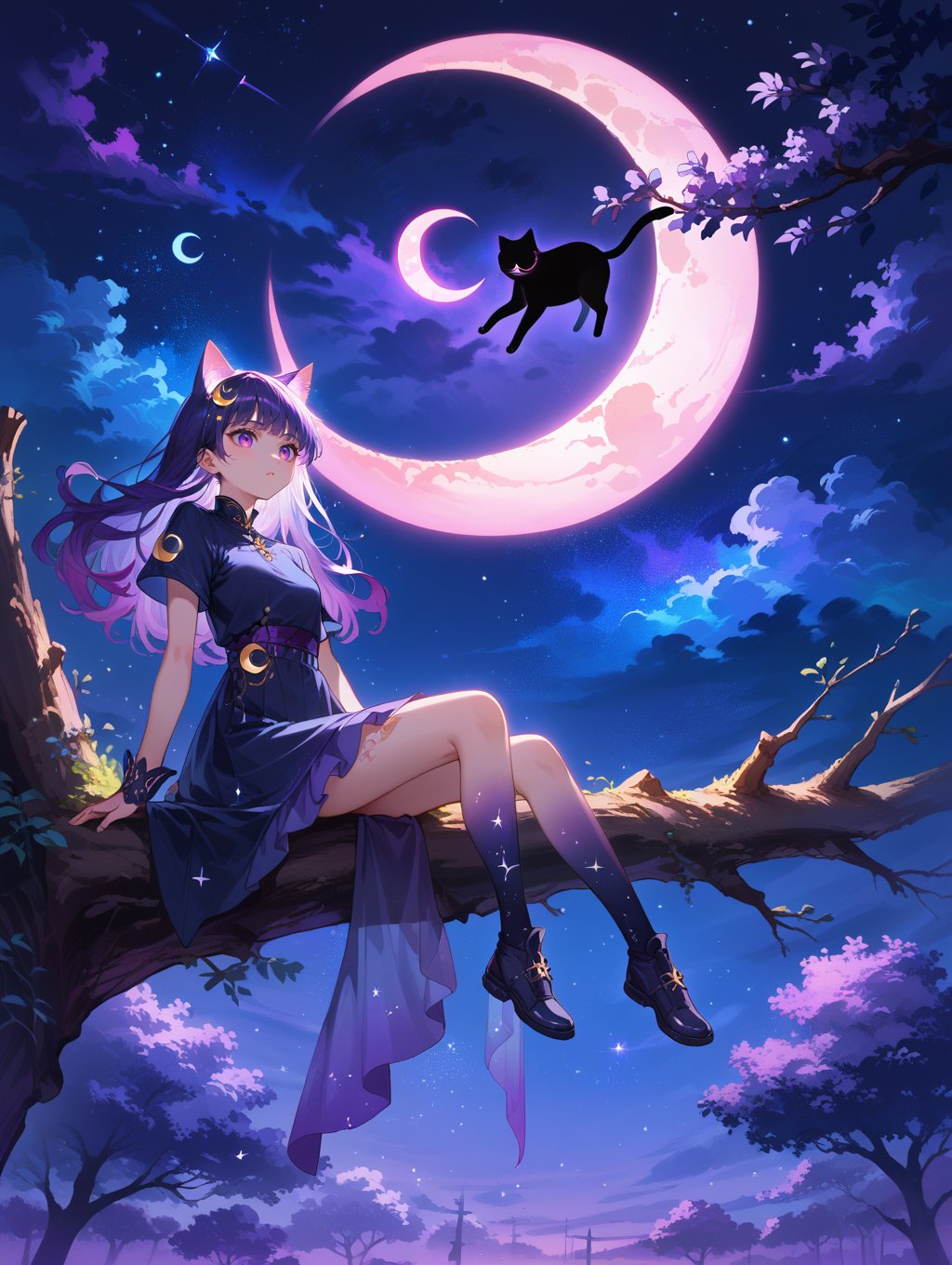 score_9, score_8_up, score_7_up,source_anime,1girl,mixed Korean,Kpop idol, Surreal night scene,silhouette of a cat sitting on a tree branch,crescent moon in the sky,purple hues,starry night,dreamlike atmosphere,glowing edges,mystical,high contrast,ethereal light,detailed textures,whimsical,