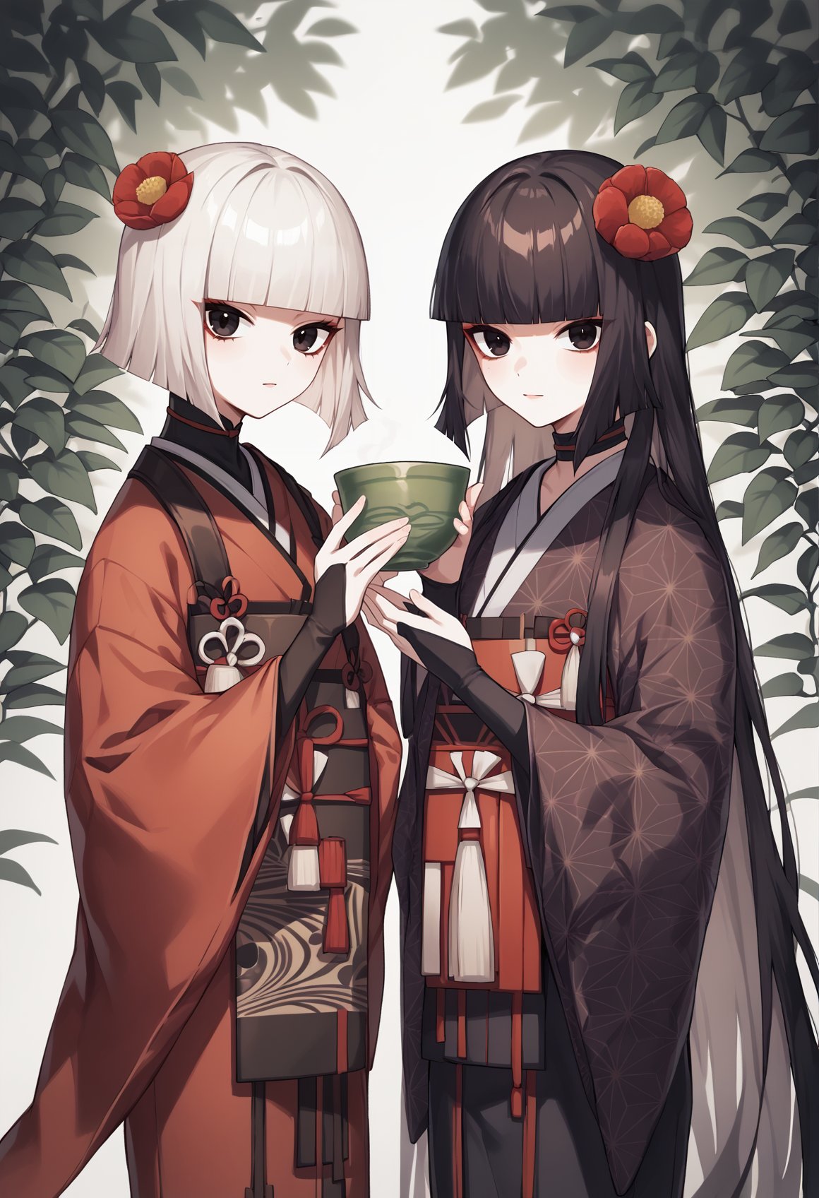 2girls, pale skin, long hair, black hair, black eyes, hime cut, hair ornament, hair flower, blunt bangs, choker, japanese clothes, kimono, black kimono, obi, wide sleeves, pale skin, short hair, grey hair, black eyes, bob cut, japanese clothes, kimono, red kimono, sash, long sleeves, wide sleeves, bridal gauntlets, looking at viewer, holding bowl, holding teapot <lora:SenHime:1>, score_9, score_8_up, score_7_up, score_6_up, score_5_up, score_4_up, BREAK source_anime, masterpiece