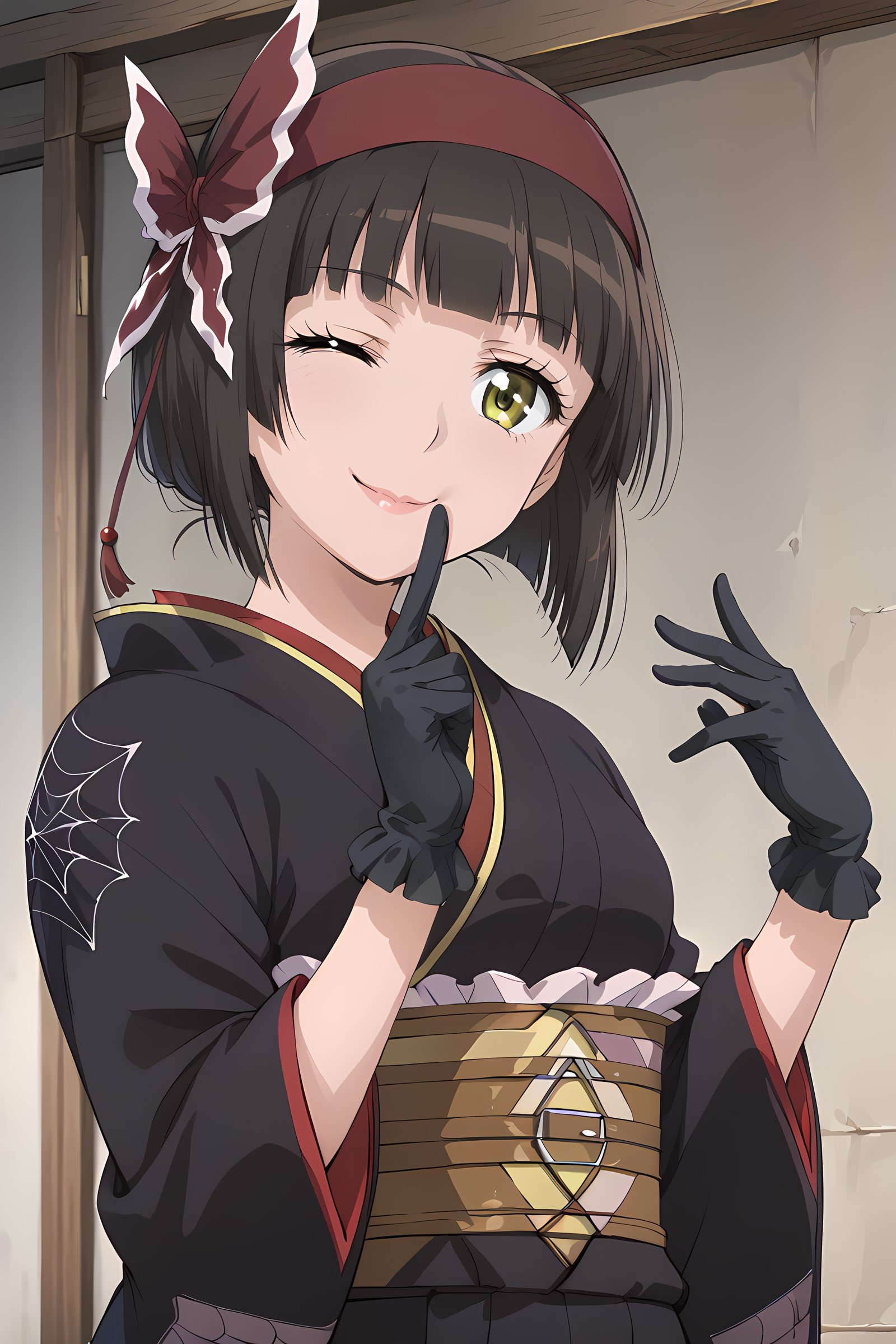 tsukimio, headband, kimono, obi, gloves, finger to face, smile, one one eye closed, upper upper body, head tilt <lora:tsukimio:1> 