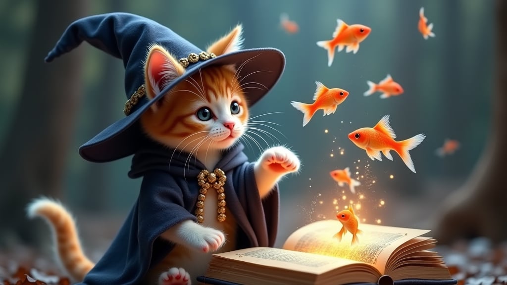 definition scene depicting a magical world where a cute kitten is casting spells to summon fish from a magic book. The kitten, perfectly rendered with accurate anatomy and incredible detail, is dressed in an adorable witch's robe and hat. The kitten is holding a magic book in one paw, from which fish are jumping into the air, surrounded by a flow of magical energy. The scene captures the whimsical and enchanting atmosphere, with the kitten's full body in view, exuding a kawaii charm.hyper-detailed, ultra-high-definition, magical world, cute kitten, accurate anatomy, witches robe, witches hat, magic book, spellcasting, fish in the air, energy flow, whimsical, enchanting, kawaii, adorable, masterpiece, amazing quality, best quality.