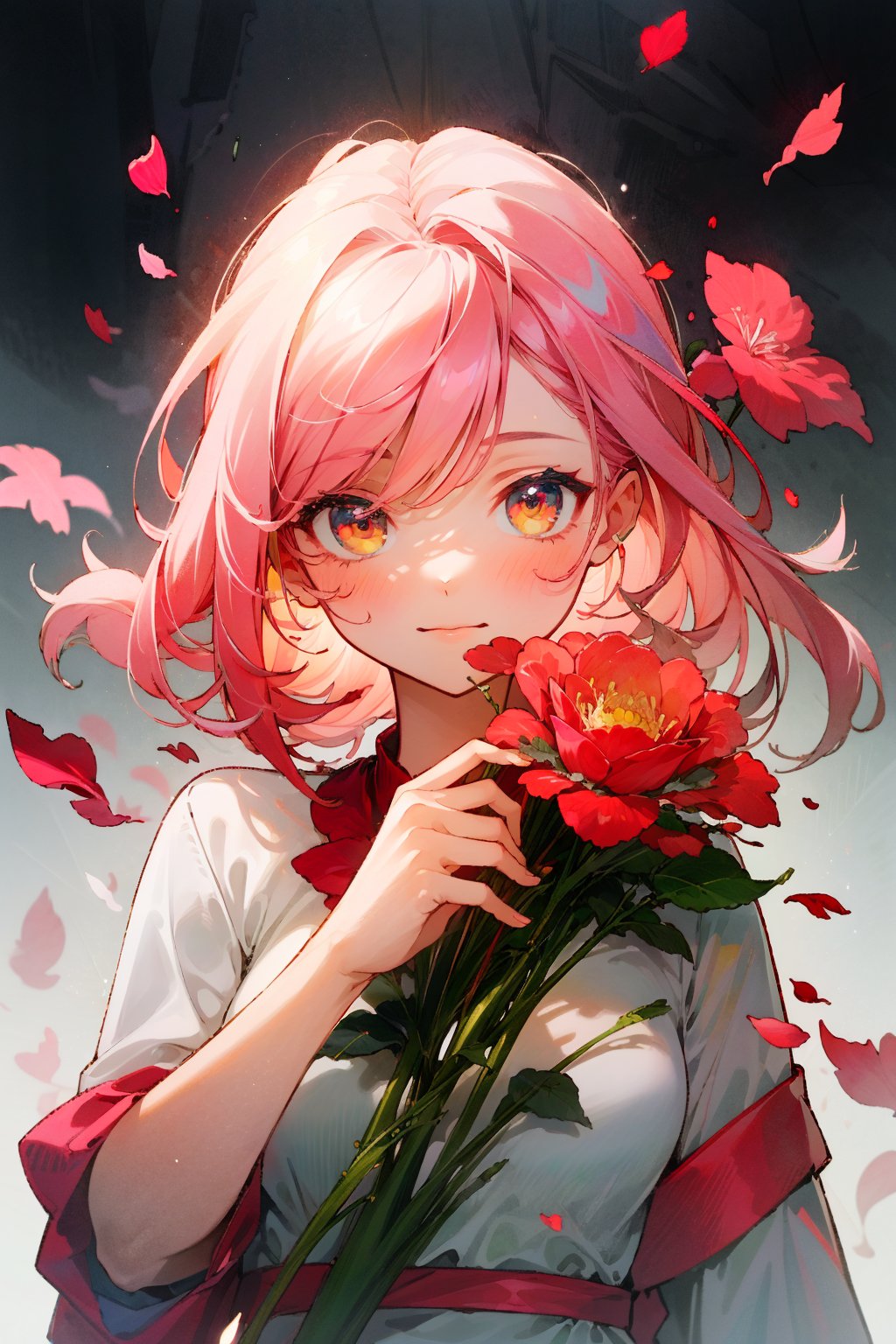 (masterpiece, high quality, 8k), 1girl,floral dress, rose, red flower, pink rose ,petals, rose petals, yellow flower,  upper body, <lora:rose:1.5>