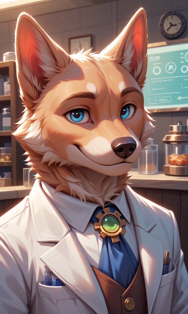 score_9, score_8_up, score_7_up, score_6_up, score_5_up, score_4_up, source_furry,BREAK,detailed face eyes and fur, 1boy, solo, close-up portrait, dog wearing lab coat in a 19th century pharmacy shop interior, steampunk art, global illumination, pose, smile, high detailed, cinematic, complex background