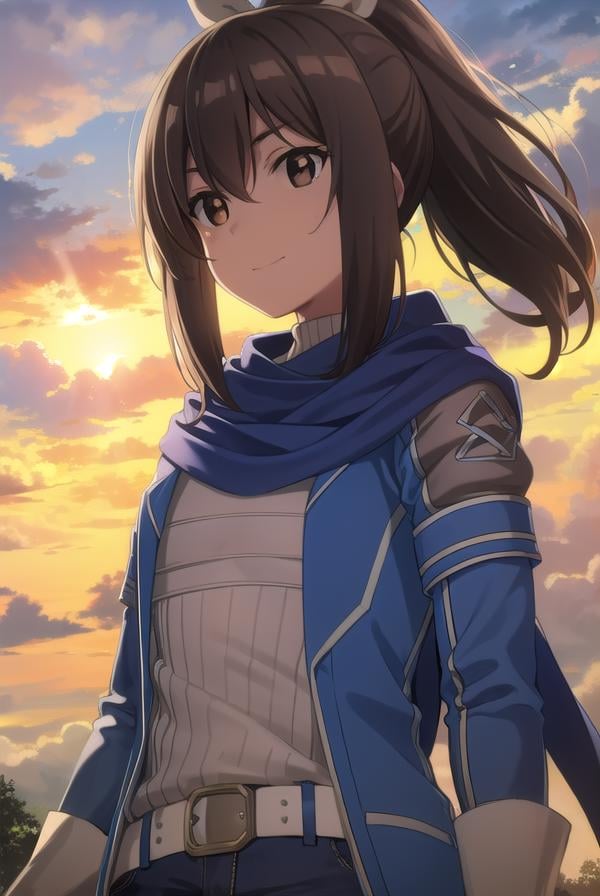 bofurisally, <lora:bofuri sally s2-lora-nochekaiser:1>, sally, long hair, brown hair, (brown eyes:1.5), ribbon, hair ribbon, ponytail, smile,BREAK gloves, shorts, scarf, blue scarf, shirt, white shirt, puffy sleeves, long sleeves, belt, denim shorts,BREAK outdoors, nature, forest, sun, sky, clouds, trees, grass,BREAK looking at viewer,BREAK <lyco:GoodHands-beta2:1>, (masterpiece:1.2), best quality, high resolution, unity 8k wallpaper, (illustration:0.8), (beautiful detailed eyes:1.6), extremely detailed face, perfect lighting, extremely detailed CG, (perfect hands, perfect anatomy),