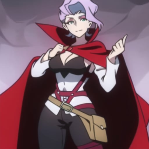 <lora:Croix_Meridies:1> croix meridies,  1girl, short hair,  purple hair, green eyes, makeup,  closed mouth, medium breasts, cleavage, neckline,  black bra,  white shirt, red_ribbons, detached sleeves, long sleeves, black pants, red _boots, Tactical Belt Bag, red cape, 