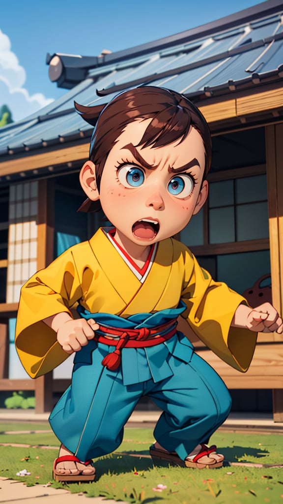 (masterpiece, best quality, highres:1.2), ((Pixar 3D Style)), (colorful), cute chibi cartoon, (angry face), samurai, man, chonmage hair, kimono clothes, japanese house background, beautiful eyes, brown eyes, light in eyes, ((3D Pixar style)), full body Pixar-style, Character Design, CGI, 8k