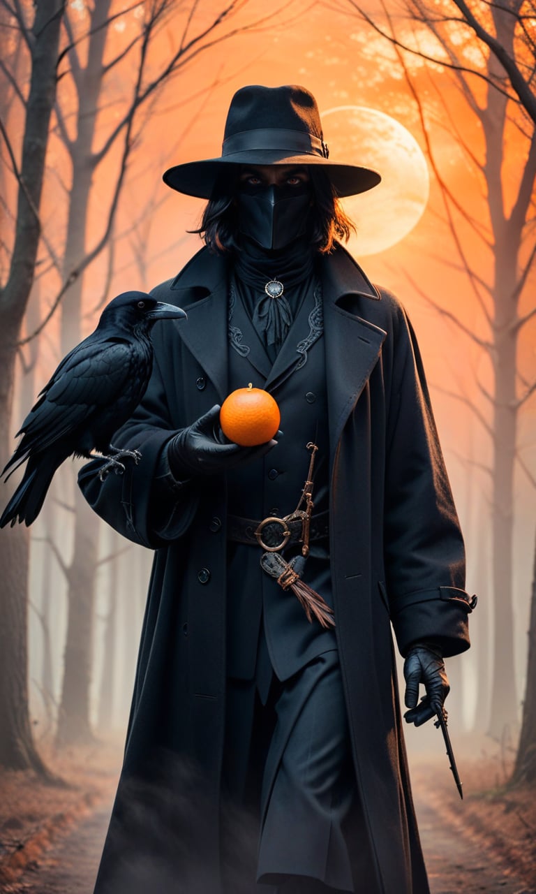 4n1v3rs3, zPDXLrl, A shadowy human figure in a long coat and hat holding a raven, with an orange foggy background, in the style of a fantasy illustration