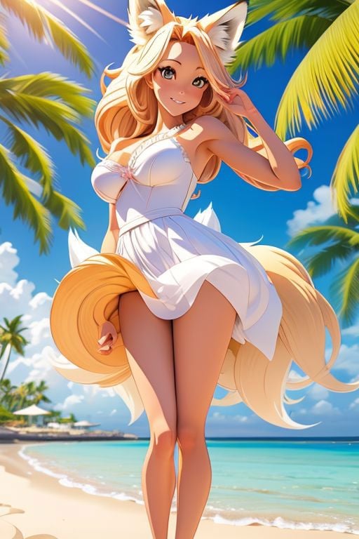 (((ultra realistic 3D anime))) queen foxie, up view, solo, full body shot, at the beach,  upskirt, happy, cheering, elegant, classy, glossy skin, detailed realistic skin texture, reflection of the sun on the skin, shadow of palm trees