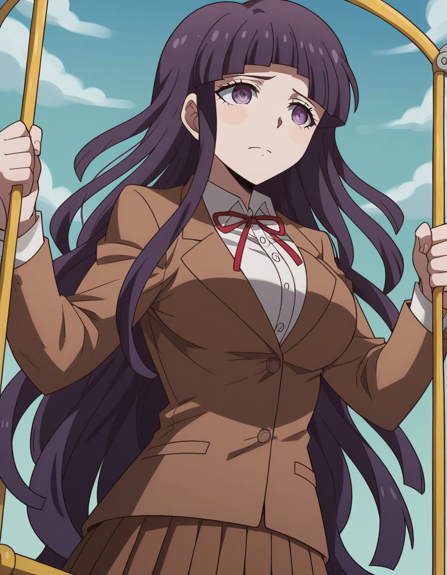 score_9, score_8_up, score_7_up, source_anime, <lora:mikan-tsumiki-s2-ponyxl-lora-nochekaiser:1>, mikan tsumiki, long hair, purple hair, (purple eyes:1.1), bangs, blunt bangs, large breasts,, skirt, shirt, long sleeves, ribbon, school uniform, jacket, white shirt, pleated skirt, collared shirt, red ribbon, neck ribbon, brown skirt, brown jacket,, public park, playground, swing set, laughter, sunny day, , , hand making a fist, solo,, cowboy shot, dutch angle