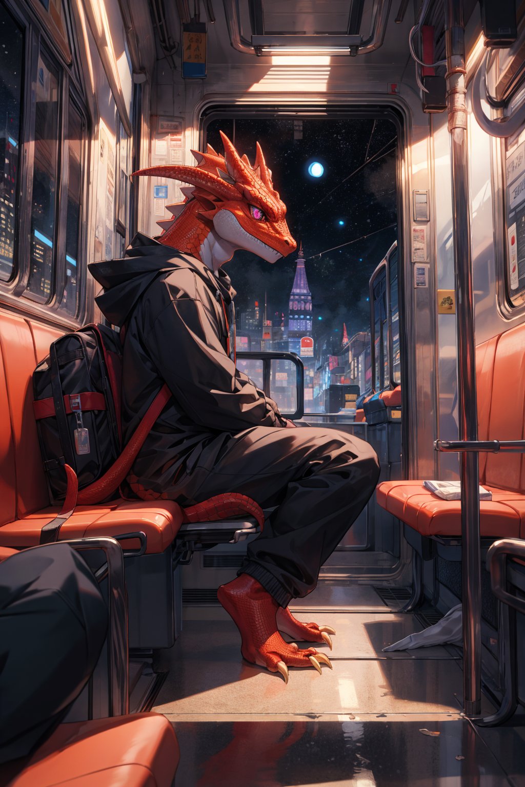 (From side below:1.5),best hands,best quality,(masterpiece,ultra detailed 8k art,fantasy),Inside the train, (kid,petite:1.32),sitting on a train seat,(focus red lizard boy,solo,lizard purple eyes,anthro,Looking out the window:1.2),scales,(halation,Full body:1.55),night,hug a backpack,look at the side window BREAK looking lonely,Black hoodie,alone, long horns, sad, night view,My image reflected in the window,metropolis