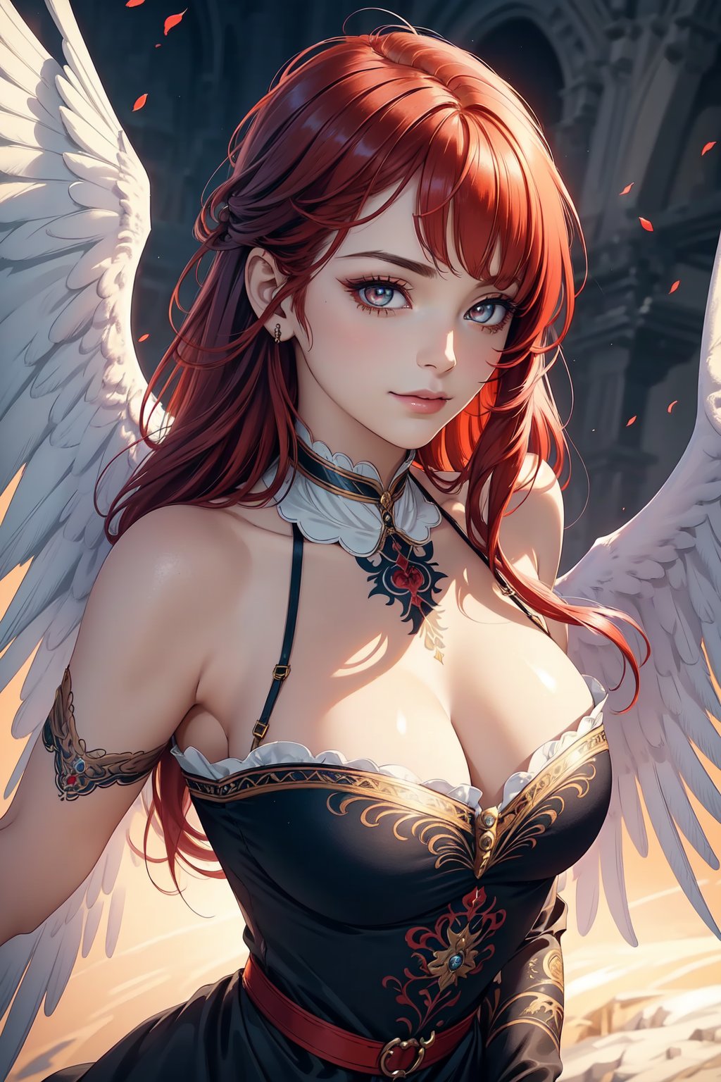 (masterpiece), ((best quality)), ultra-detailed, (illustration), (dynamic angle), (paint), ((bangs), (woman), (medium breasts), ((detailed face)), shoulders tattoos, ((red hair)), beautiful detailed gradient eyes, (majestic background), (extremely delicate and beautiful clothes), Victorian dress, angel, angel wings, from above angle, overexposure, (dynamic pose), (medieval landscape), detailed clothes, (good anatomy), gradient eyes, slight smile, (semi-realistic)