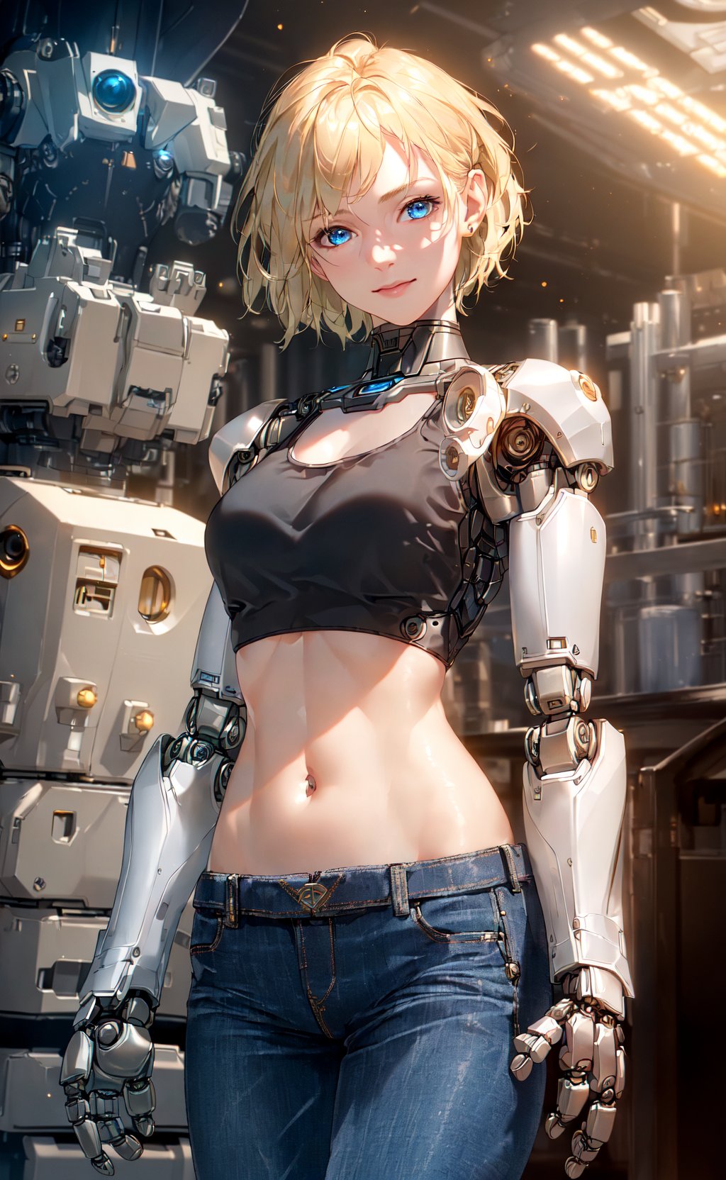 (highly detailed CG illustration), (8k, best quality, masterpiece:1.2), (realistic:1.3), (photorealistic:1.3), ultra-detailed, 1girl, (18 years old), blonde short hair, blue eyes, (robot arms and hands:1.3), machine made joints, (fabric black tank top), open navel, medium breast, visible shoulders, blue jeans, (high detailed skin:1.2), cute smile, uhd, dslr, soft lighting, high quality, film grain, Fujifilm XT3, best quality, beautiful lighting, cinematic lighting, inside futuristic lab