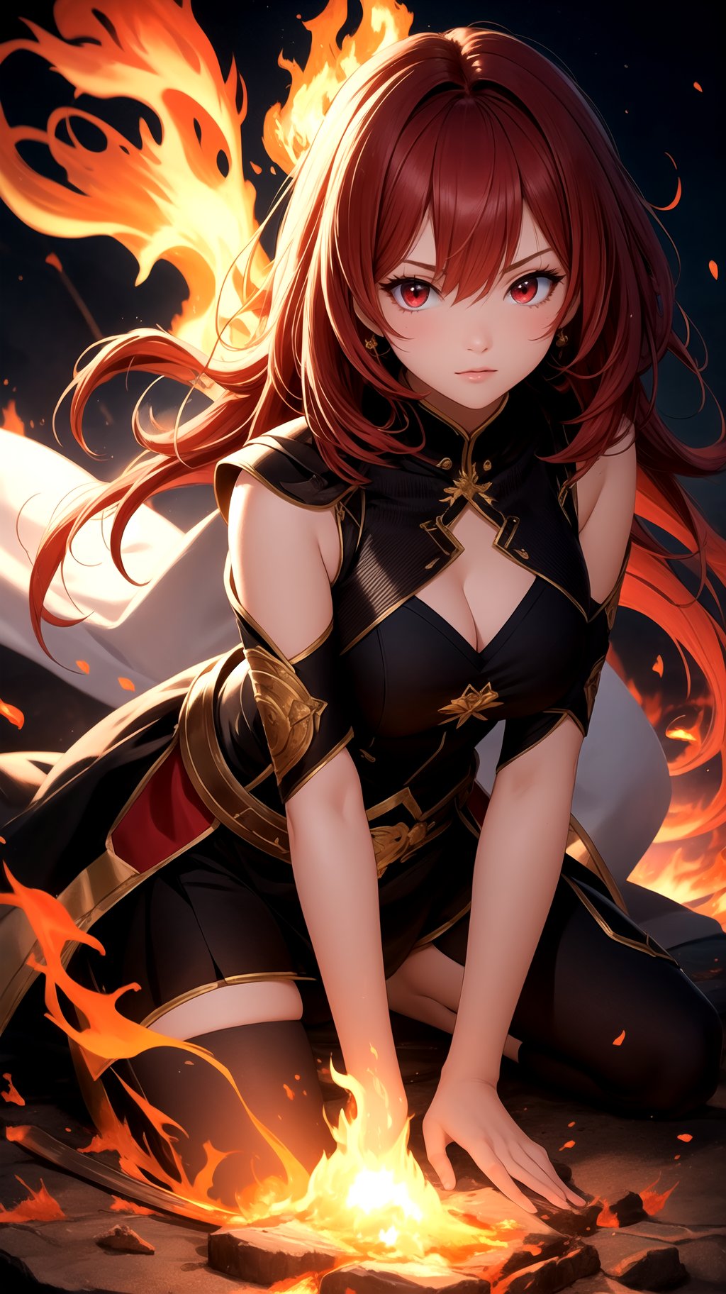 (masterpiece, best quality), 1girl, red hair, red eyes, fantasy, flames, burning, scenery, magic, light particle, messy hair,