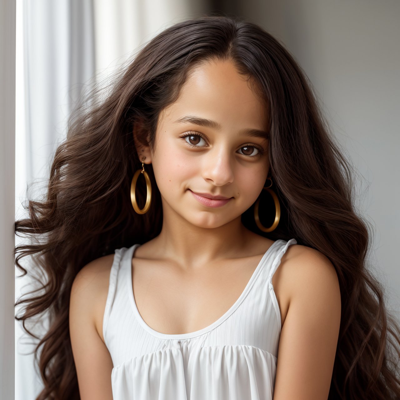 SFW, best quality, dolly short of self-assurance (AIDA_LoRA_SabiC:1.24) <lora:AIDA_LoRA_SabiC:0.97> standing next to the gray drape, little girl, white shirt, long curly hair, hair blown by the wind, golden earrings, naughty, funny, happy, playful, cinematic, hyper realistic, studio photo, kkw-ph1, hdr, f1.8 , getty images