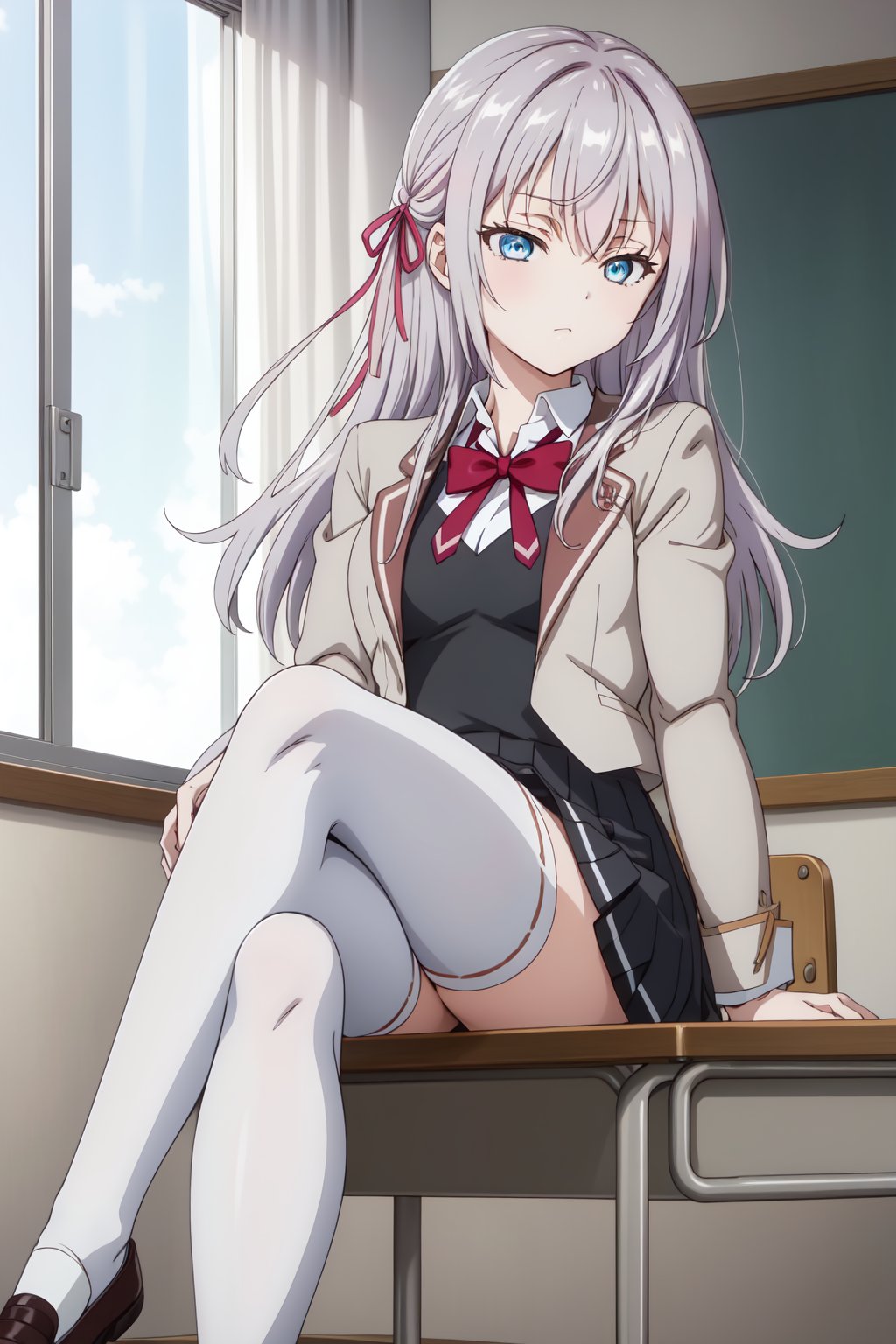 AlisaMikhailovna, 4k, absurd, high resolution, very high resolution, high definition, masterpiece, 1girl, solo, long hair, blue eyes, skirt, shirt, thighhighs, long sleeves, ribbon, sitting, school uniform, jacket, hair ribbon, white shirt, indoors, white thighhighs, window, chair, crossed legs, single thighhigh, desk, pink ribbon<lora:EMS-418017-EMS:0.800000>