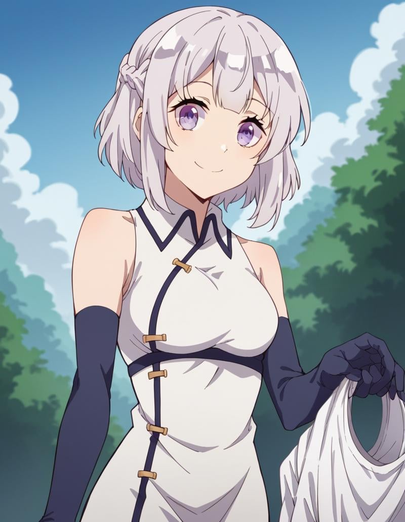 score_9, score_8_up, score_7_up, source_anime, <lora:farming-isekai-hakuren-s1-ponyxl-lora-nochekaiser:1>, hakuren, short hair, purple eyes, braid, grey hair,, gloves, bare shoulders, sleeveless, black gloves, elbow gloves, chinese clothes,, laundry day, clothesline, drying clothes, domestic life, fresh air, blue sky, smile, looking at viewer, hand holding a cup, solo,, cowboy shot, dutch angle