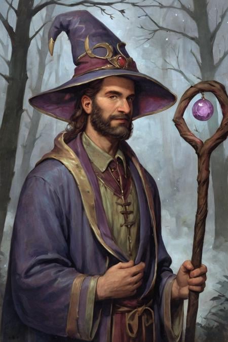 score_9, score_8_up, score_7_up, rating_safe, traditional media, realistic, 1boy, solo, male focus, mature male, wizard, long hair, brown hair, black eyes, looking at viewer, hat, facial hair, beard, mustache, staff, wizard hat, purple hat, shirt, collared shirt, robe, purple robe, cloak, holding, holding staff, upper body, standing, outdoors, forest, nature, tree, fog, dark background <lora:Oil Gothic Painting Style SDXL_LoRA_Pony Diffusion V6:1>