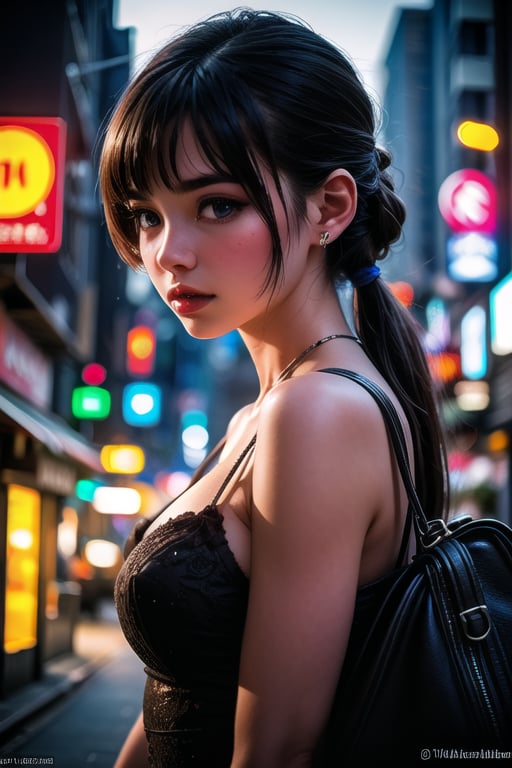 Tilt-shift photo of <lora:GirlfriendMix2:1>1girl, Tokyo street,night, cityscape,city lights, upper body,close-up, 8k, RAW photo, best quality, masterpiece,realistic, photo-realistic,red rose, . Selective focus, miniature effect, blurred background, highly detailed, vibrant, perspective control