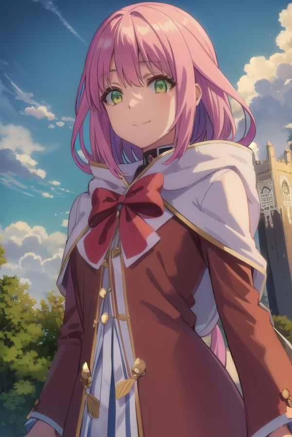 nornclatalissajioral, <lora:norn clatalissa jioral s1-lora-nochekaiser:1>,norn clatalissa jioral, long hair, hair between eyes, (green eyes:1.5), pink hair, smile,BREAK long sleeves, dress, bow, red bow, hood, robe, white robe,BREAK outdoors, forest, nature, grass, trees, sun, sky, clouds,BREAK looking at viewer, (cowboy shot:1.5),BREAK <lyco:GoodHands-beta2:1>, (masterpiece:1.2), best quality, high resolution, unity 8k wallpaper, (illustration:0.8), (beautiful detailed eyes:1.6), extremely detailed face, perfect lighting, extremely detailed CG, (perfect hands, perfect anatomy),