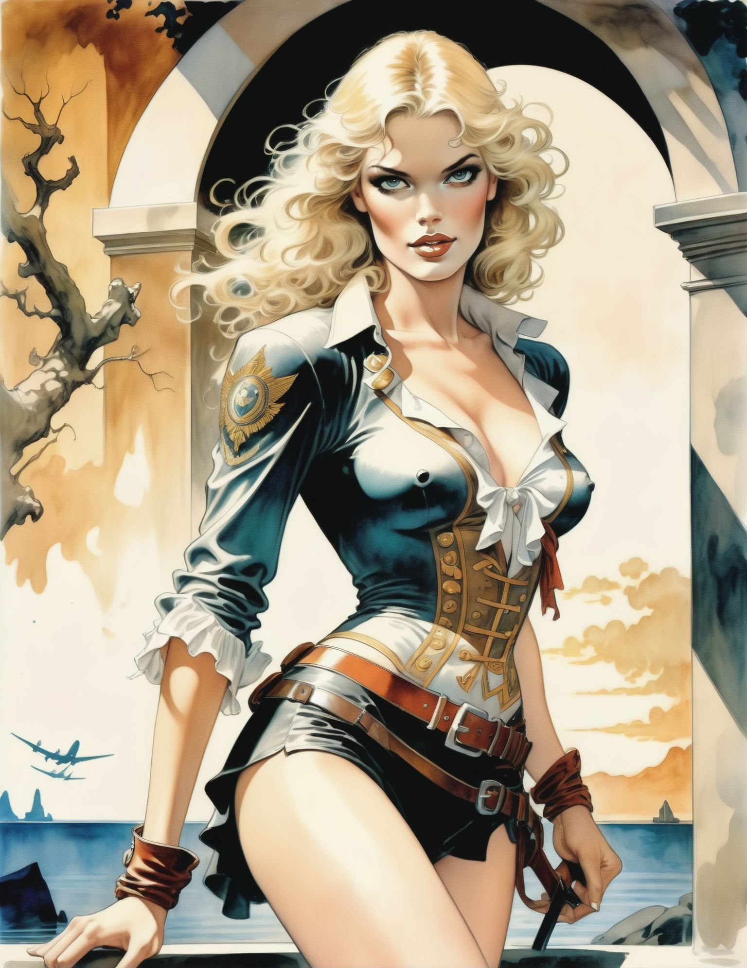 Medium format fantasy illustration in the style of Milo Manara, (Gorgeous blonde adventurer:1.4), (Vintage aesthetic:1.4), (Highly detailed:1.4), Intense gaze, Sensual allure, (Provocative attire:1.4), Masterful shading, Lush colors, Captivating composition, mlmnr style <lora:Milo Manara Style Concept XL v2.0:1> <lora:Artistic Image Enhancement v1.1 Lite:0.2>