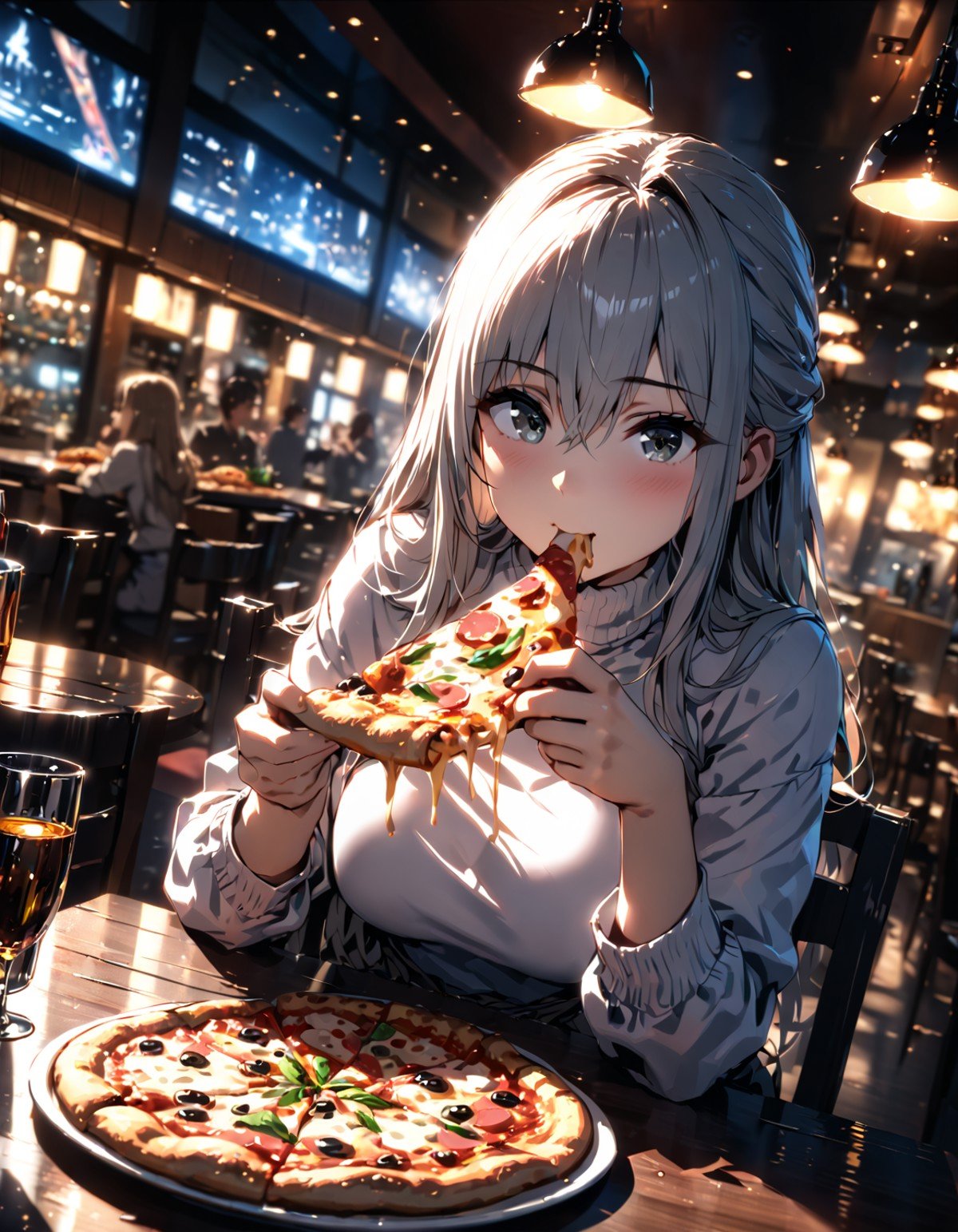 anime,1girl,white long hair,gray eyes, white shirt, long sleeves, turtleneck, sitting, looking at viewer,( eating holding pizza :1.5), pizza, plate, fork, knife, table, chair, table, restaurant, cinematic angle, cinematic lighting, masterpiece, best quality(Depth of field hdr 8k 4k wallpaper cinematic angle, cinematic lighting,:1.5) (masterpiece, best quality:2.0), (Depth of field hdr 8k 4k wallpaper cinematic angle, cinematic lighting,:1.5) (masterpiece, best quality:1.75)