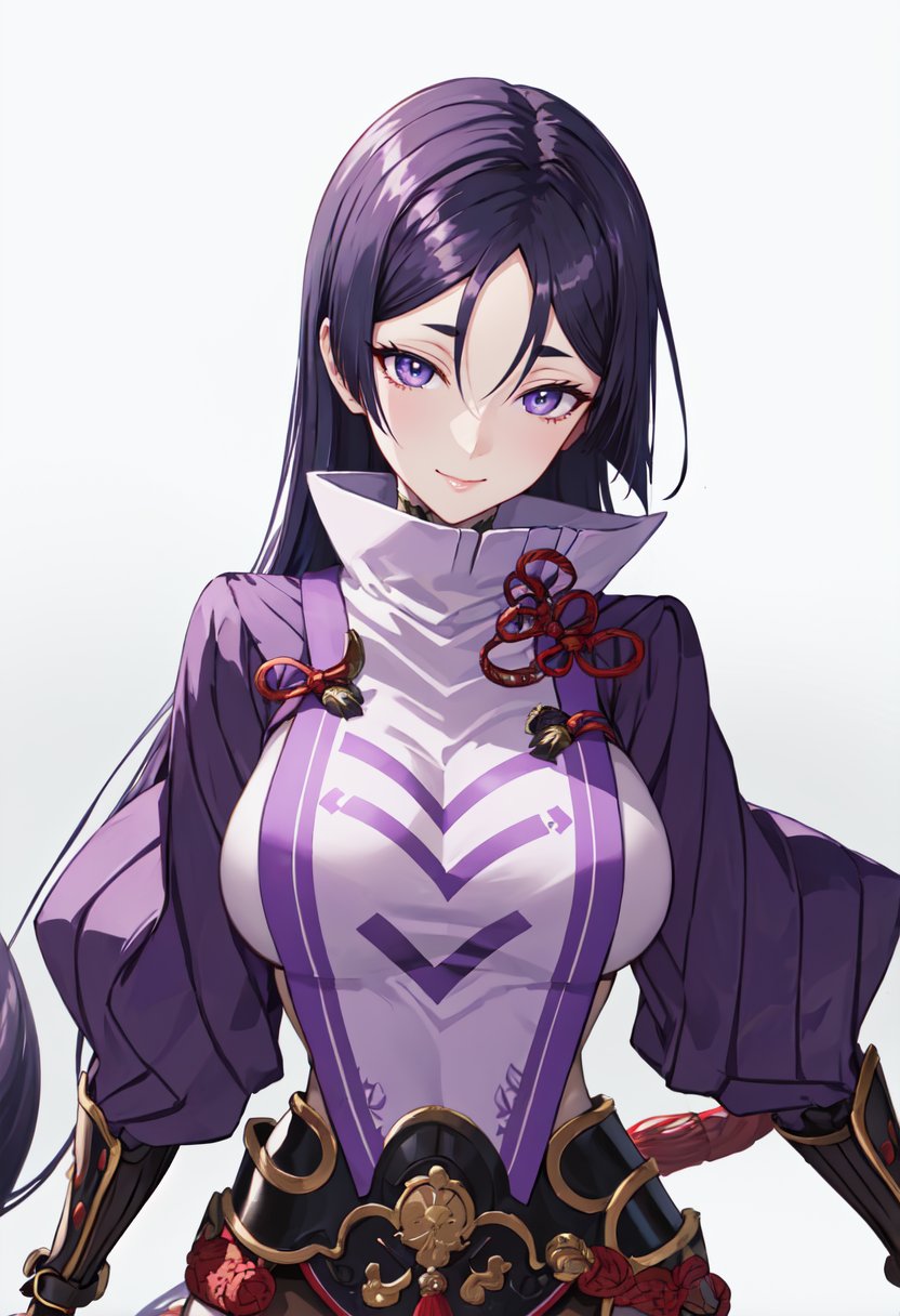 best quality, masterpiece, highres, solo, (minamoto_no_raikou_ushi_gozen_fgo:1.10), 1girl, black gloves, purple bodysuit, simple background, fingerless gloves, looking at viewer, white background, ribbed sleeves, smile, closed mouth, rope, japanese armor, tabard, 1 <lora:minamoto_no_raikou_ushi_gozen_fgo:0.80>