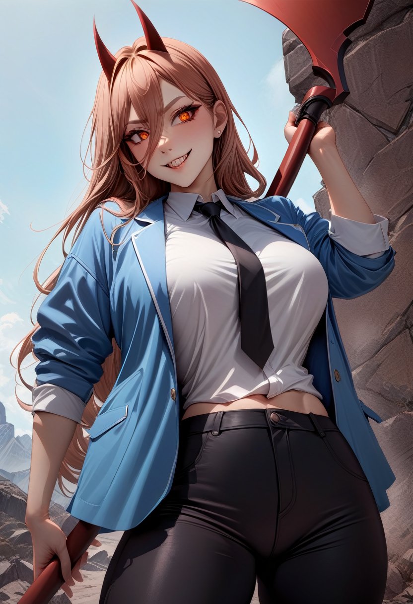 masterpiece, best quality, rating: general, newest, solo, 1girl, powerdef, sharp teeth, grin, holding scythe, red scythe, cross-shaped pupils, blue jacket, white shirt, black necktie, black pants <lora:csm_power_xl-000004:1>