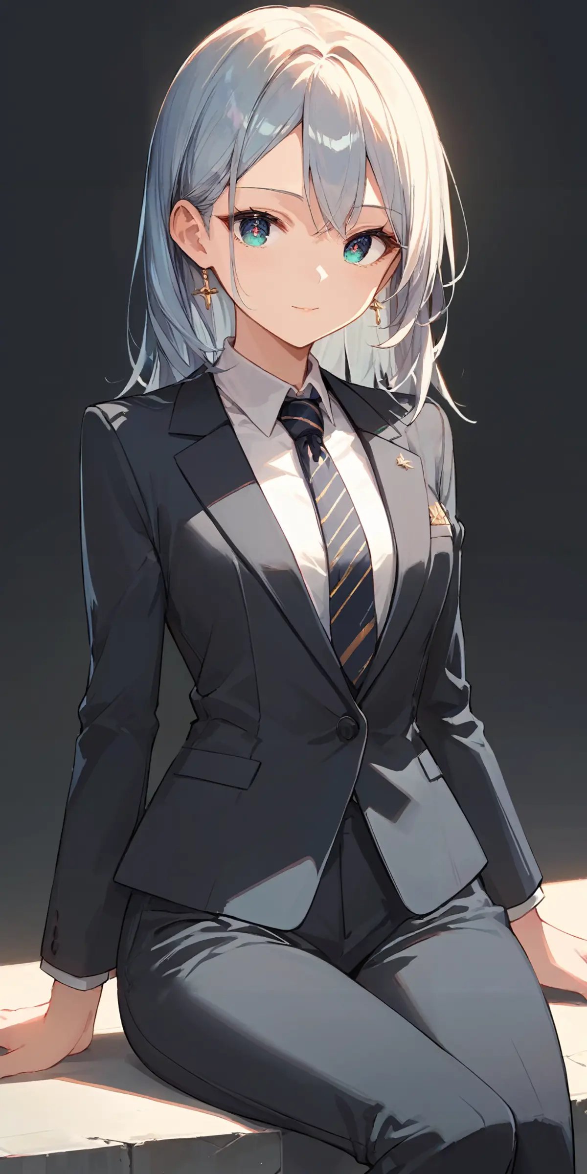 score_9, score_8_up, score_7_up,source_anime, high res image,masterpiece,best quality,girl,cute face,clear skin,shiny hair,ultra detailed eyes,simple background, <lora:suit_pony_V1.0:1.2>  suit, necktie,pants,sitting 