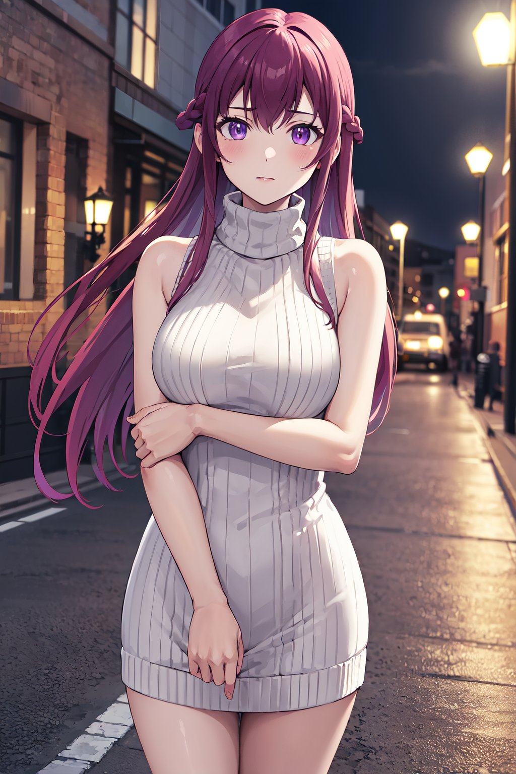 masterpiece, best quality, highres, 1girl, solo, long hair, purple hair, braid, purple eyes, <lora:makuzawa_ouka_v1:0.7>, sweater dress, ribbed sweater, virgin killer sweater, turtleneck, sleeveless, outdoors, standing, night, street,