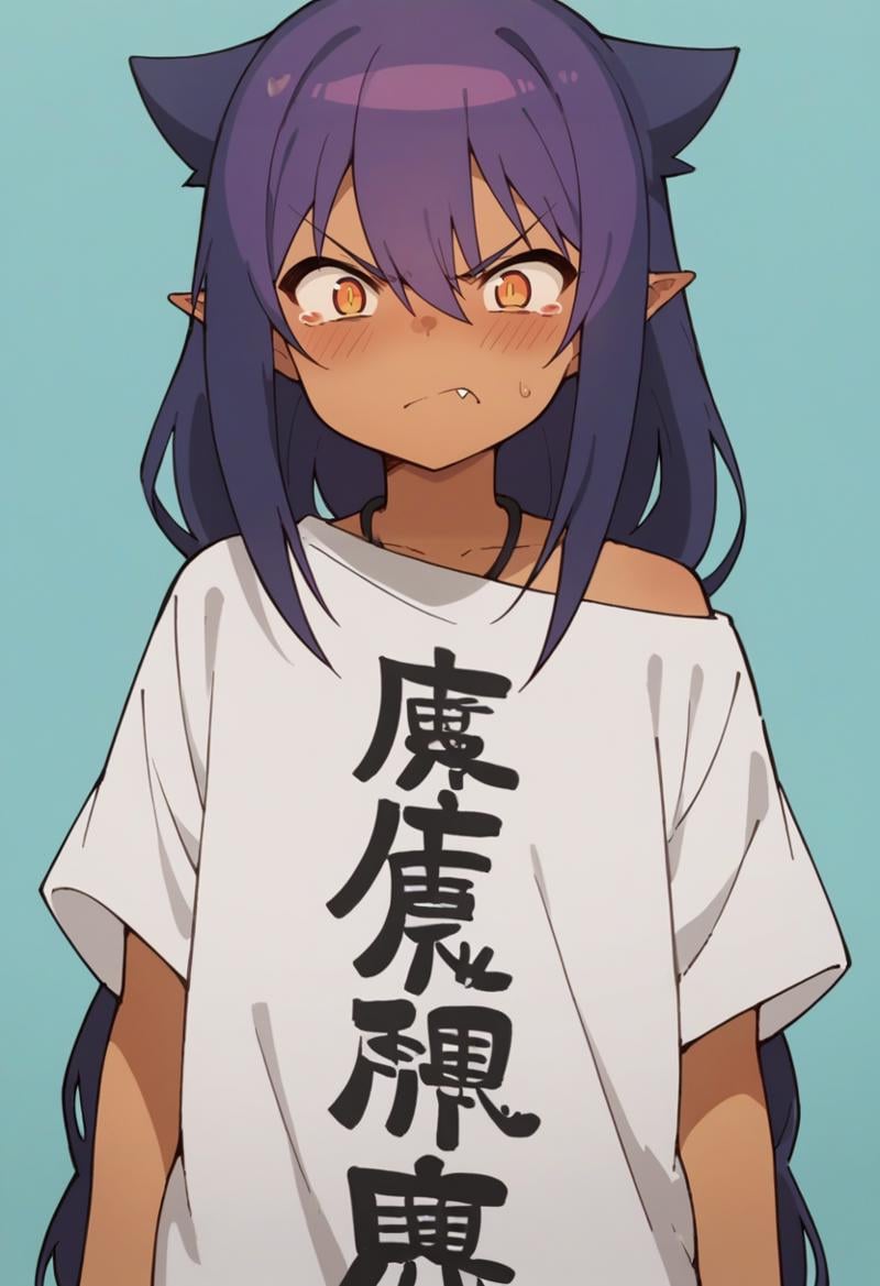 score_9, score_8_up, score_8, source_anime, 1girl, <lora:Jahy:0.85> solo, dark skin, dark-skinned female, long hair, hair between eyes, purple hair, pointy ears, shirt, white shirt, clothes writing, oversized clothes, blush, round mouth, angry, single fang,light blue background, simple background,