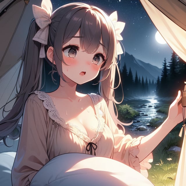 (((masterpiece))),  (((best quality))),  ((camping tent)),  ((open door curtain)),  (((holding pillow))),  ((beige frills chiffon pajamas)),  (((night))),  moon,  ((wind)),  cleavage,  big tits,  collarbone,  ((sweat)),  ribbon,  twintail,  open mouth,  rosy lips,  shy,  blush,  sleepy,  grass,  valley,  forest,<lora:EMS-272345-EMS:1.000000>