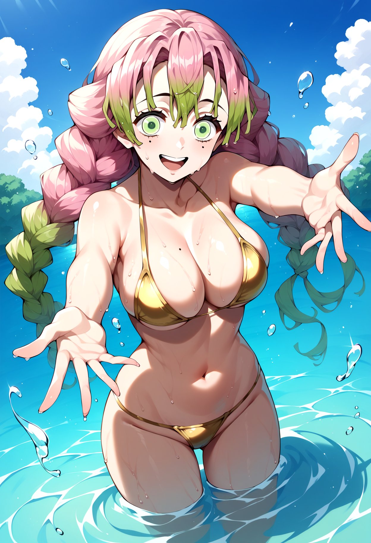 score_9, score_8_up, score_7_up, source_anime, aamitsuri, long hair, braid, multicolored hair, green eyes, mole under eye, large breasts, <lora:kanroji_mitsuri_ponyxl_v1:0.8>, gold bikini, micro bikini, wet, partially submerged, water. standing, reaching out, smile, open mouth, blue sky