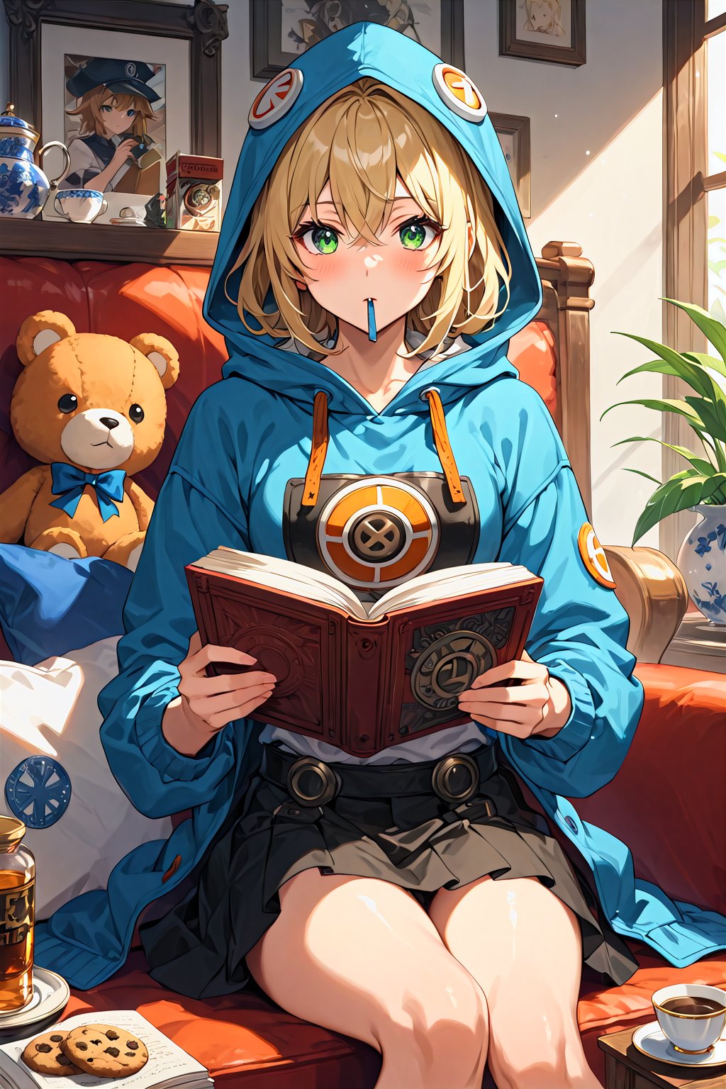 (master piece:1.4), (best quality), The highest image quality, excellent detail, ultra-high resolution, best illustration, attention to detail, exquisite beautiful face, 1boy, akisa yositake, androgyne symbol, bangs, black gloves, black skirt, blonde hair, blue hoodie, blush, book, bridget (guilty gear), cookie, couch, cup, dress, fingerless gloves, food, gloves, green eyes, guilty gear, guilty gear strive, hair between eyes, holding, holding book, hood, hood up, hoodie, indoors, long sleeves, looking at viewer, male focus, mouth hold, on couch, open book, otoko no ko, puffy long sleeves, puffy sleeves, roger (guilty gear), seiza, sitting, skirt, solo, stuffed animal, stuffed toy, teacup, teddy bear,  yellow dress